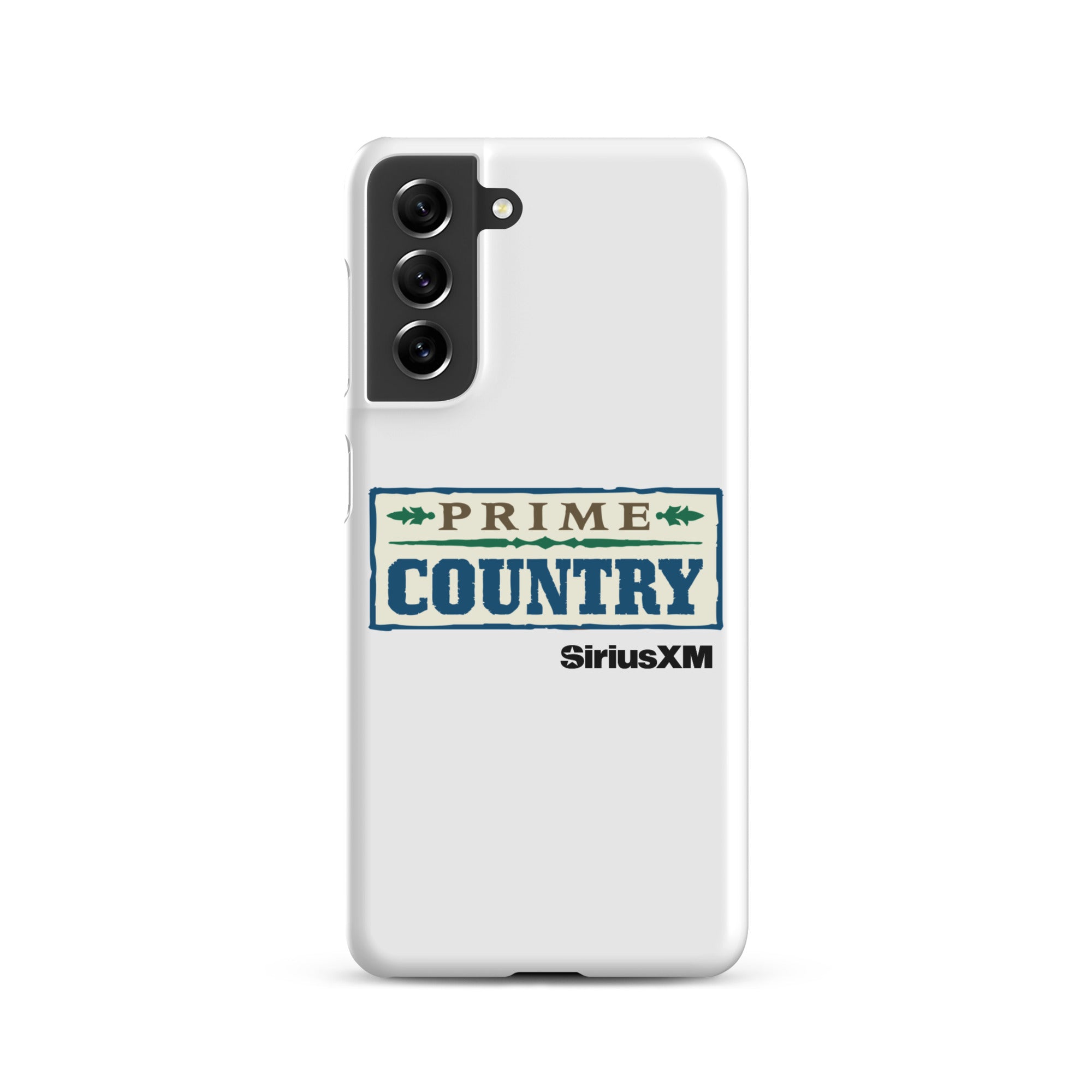 White phone case featuring the 'Prime Country' logo and 'SiriusXM' branding.