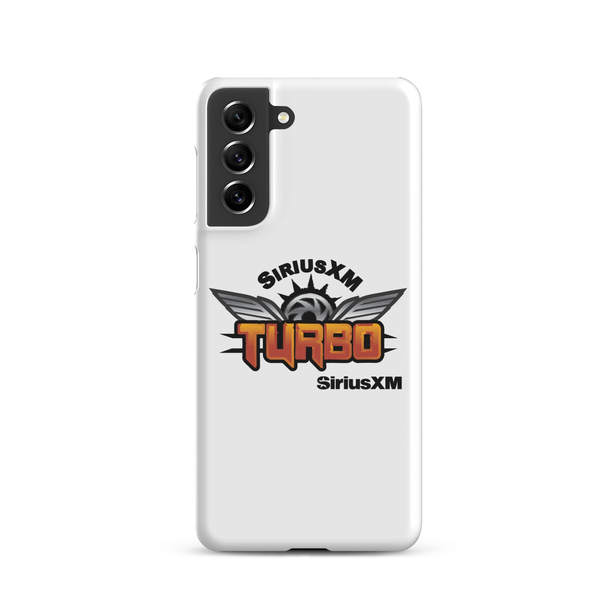 White phone case featuring 'SiriusXM Turbo' logo with wings and sun graphics and 'SiriusXM' branding.