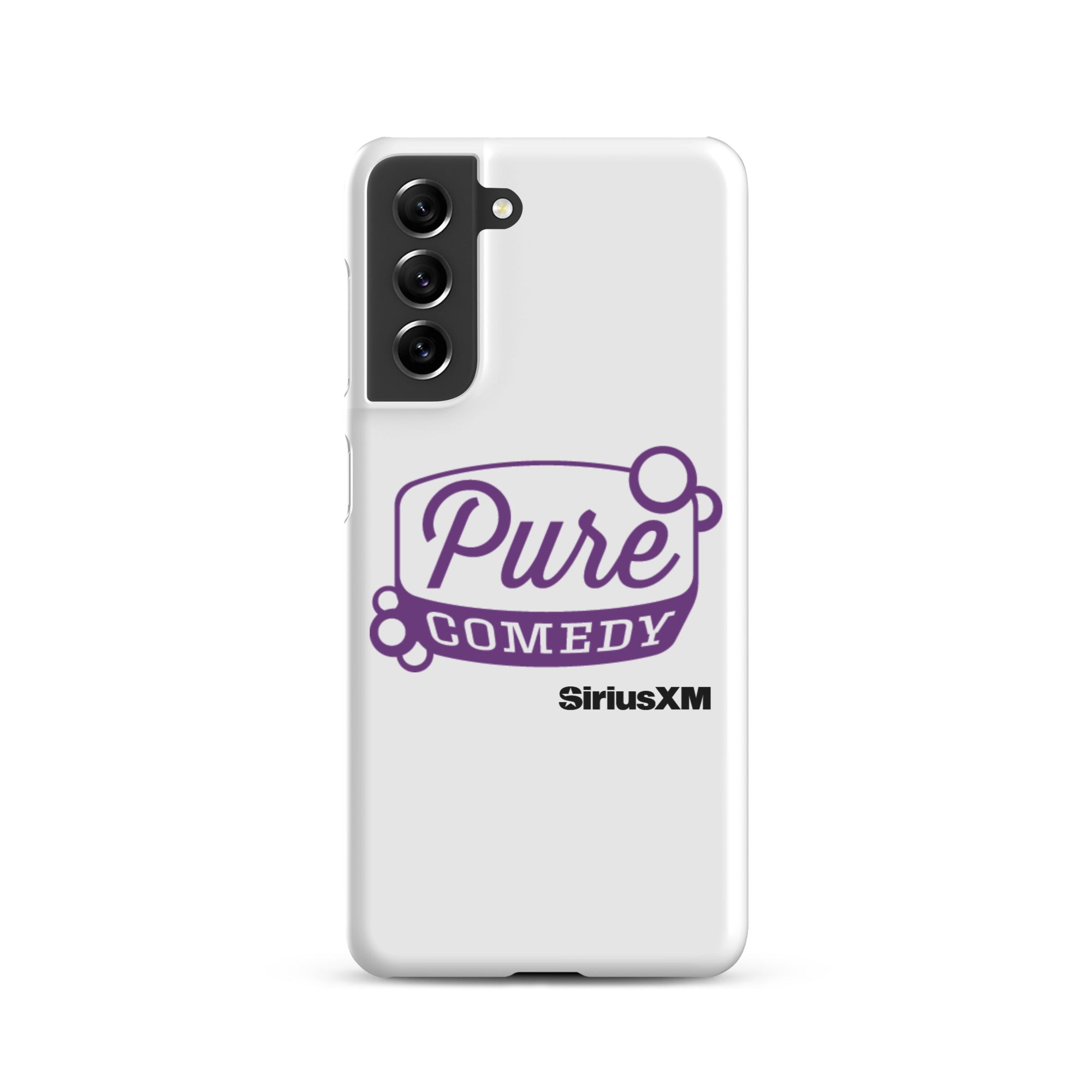 White phone case featuring 'Pure Comedy' in purple text and the 'SiriusXM' logo.