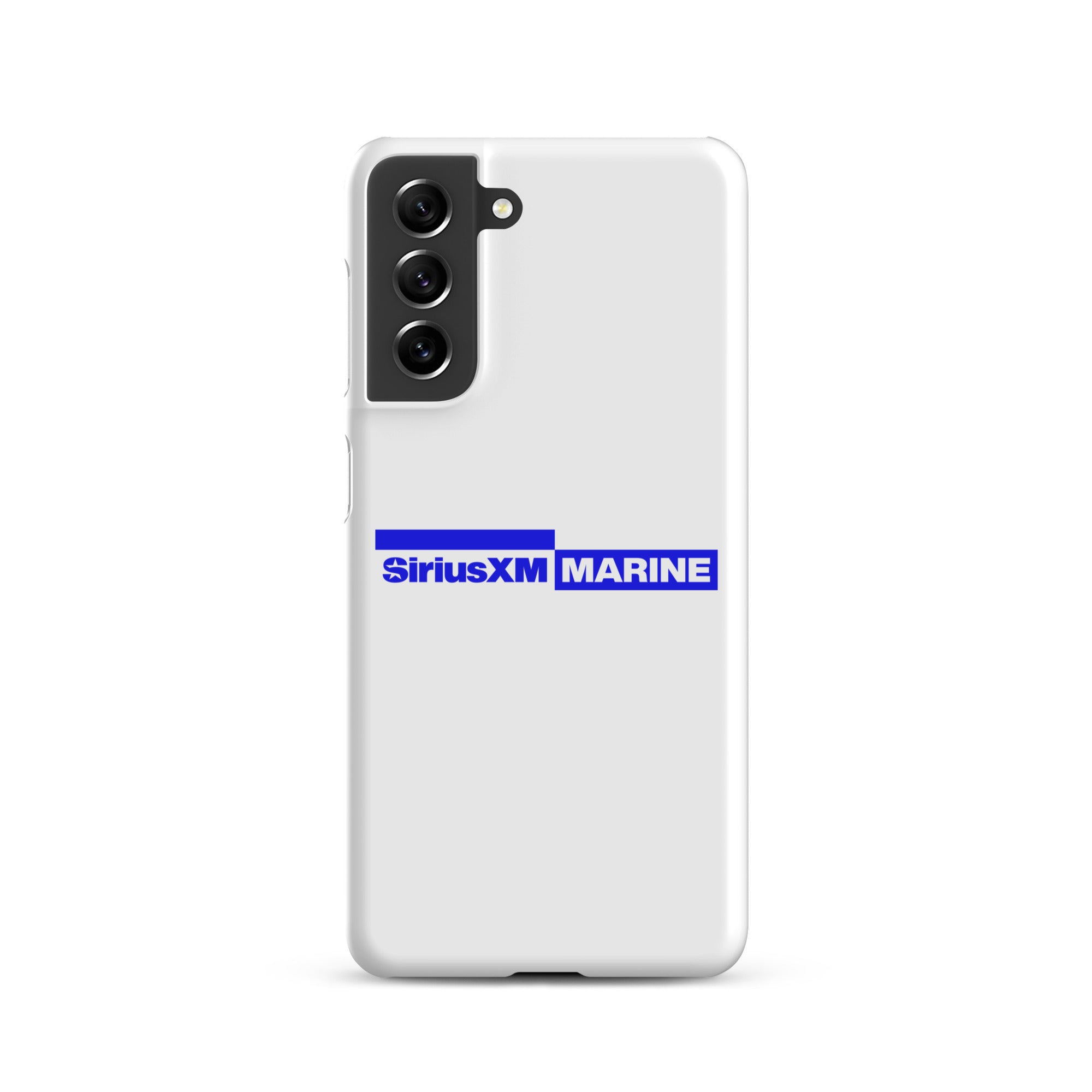 White phone case featuring the SiriusXM Marine logo in blue.