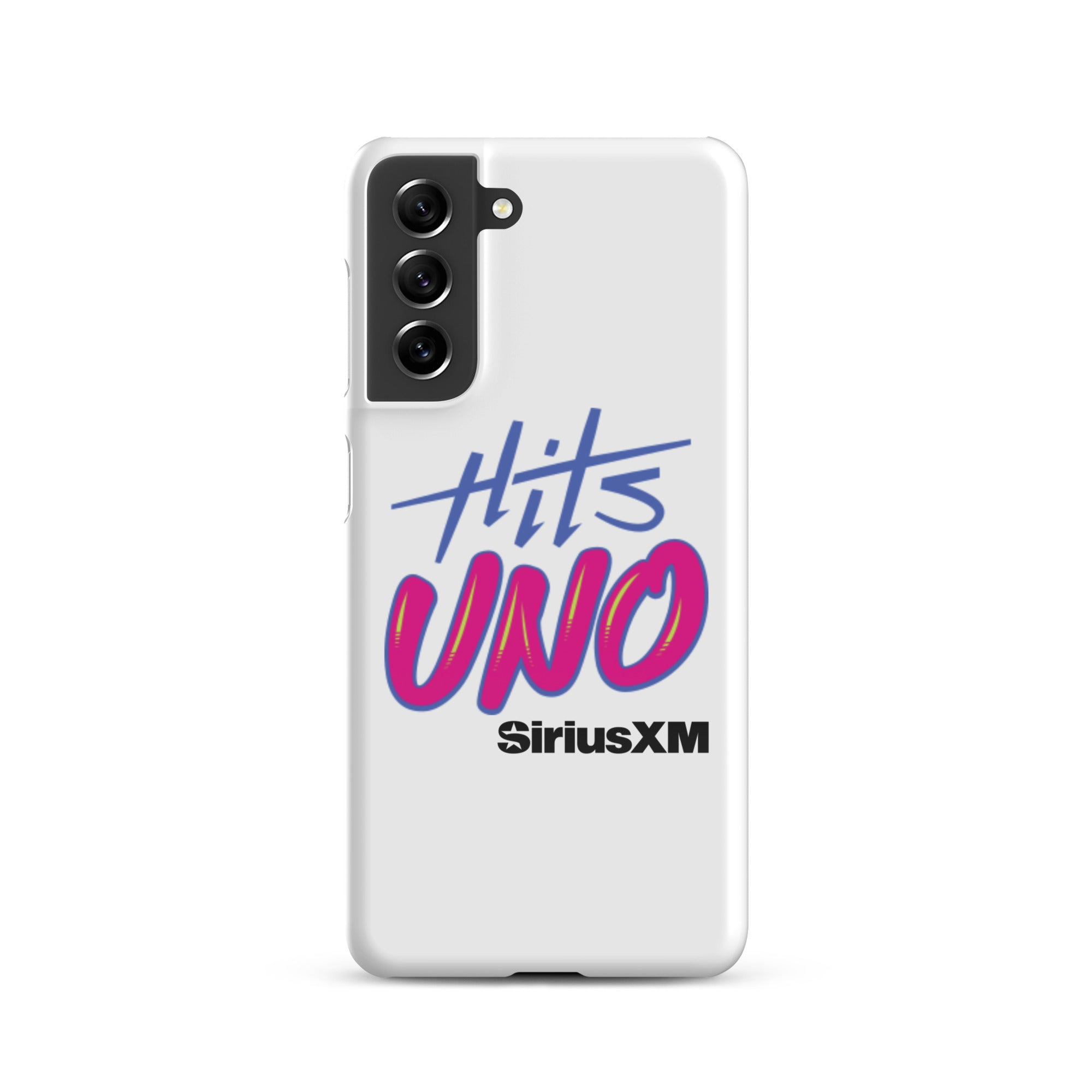 Phone case design featuring 'Hits UNO' and 'SiriusXM' in vibrant blue and pink colors on a white background.