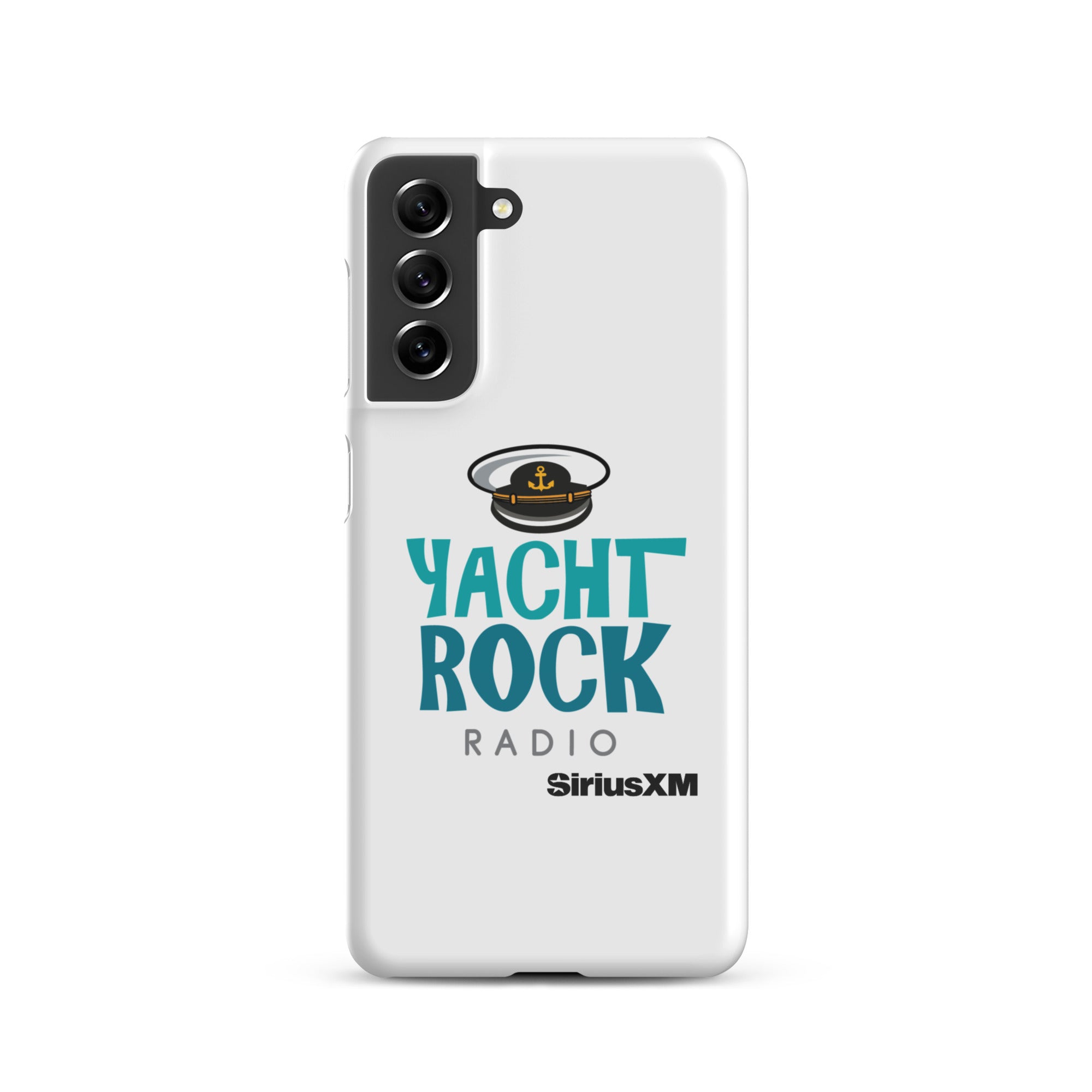 White phone case featuring 'Yacht Rock Radio' logo with a captain's hat and 'SiriusXM' branding.