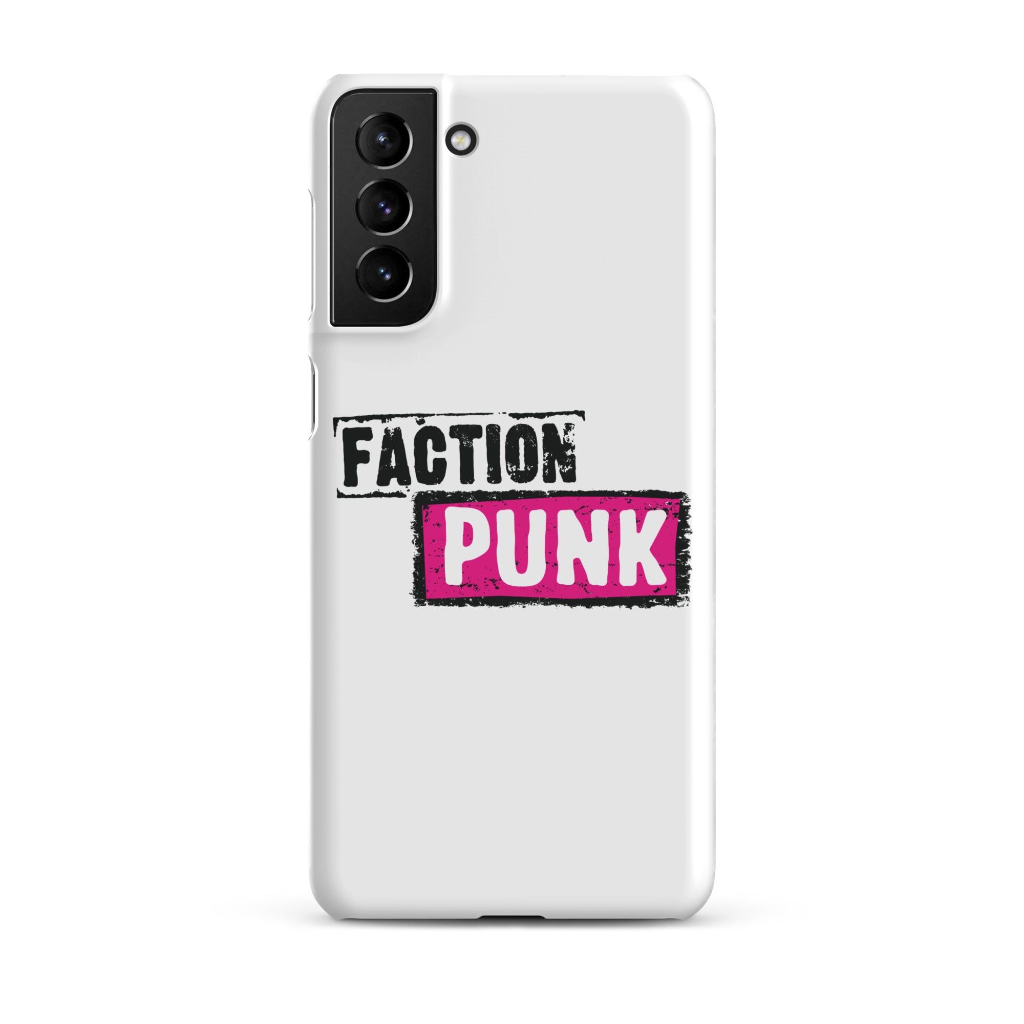 A white phone case with the words 'FACTION PUNK' in bold black and pink lettering.