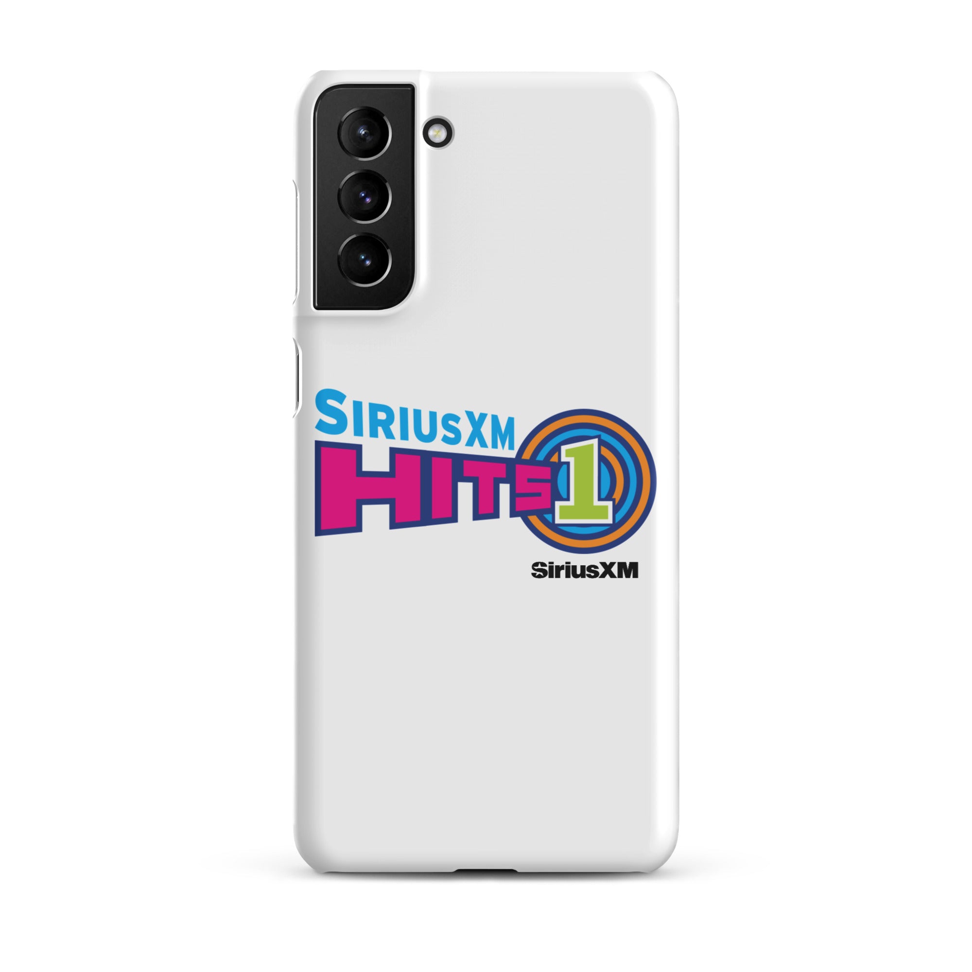 White phone case with 'SiriusXM Hits 1' logo, featuring colors pink, blue, and green design elements and 'SiriusXM' branding.