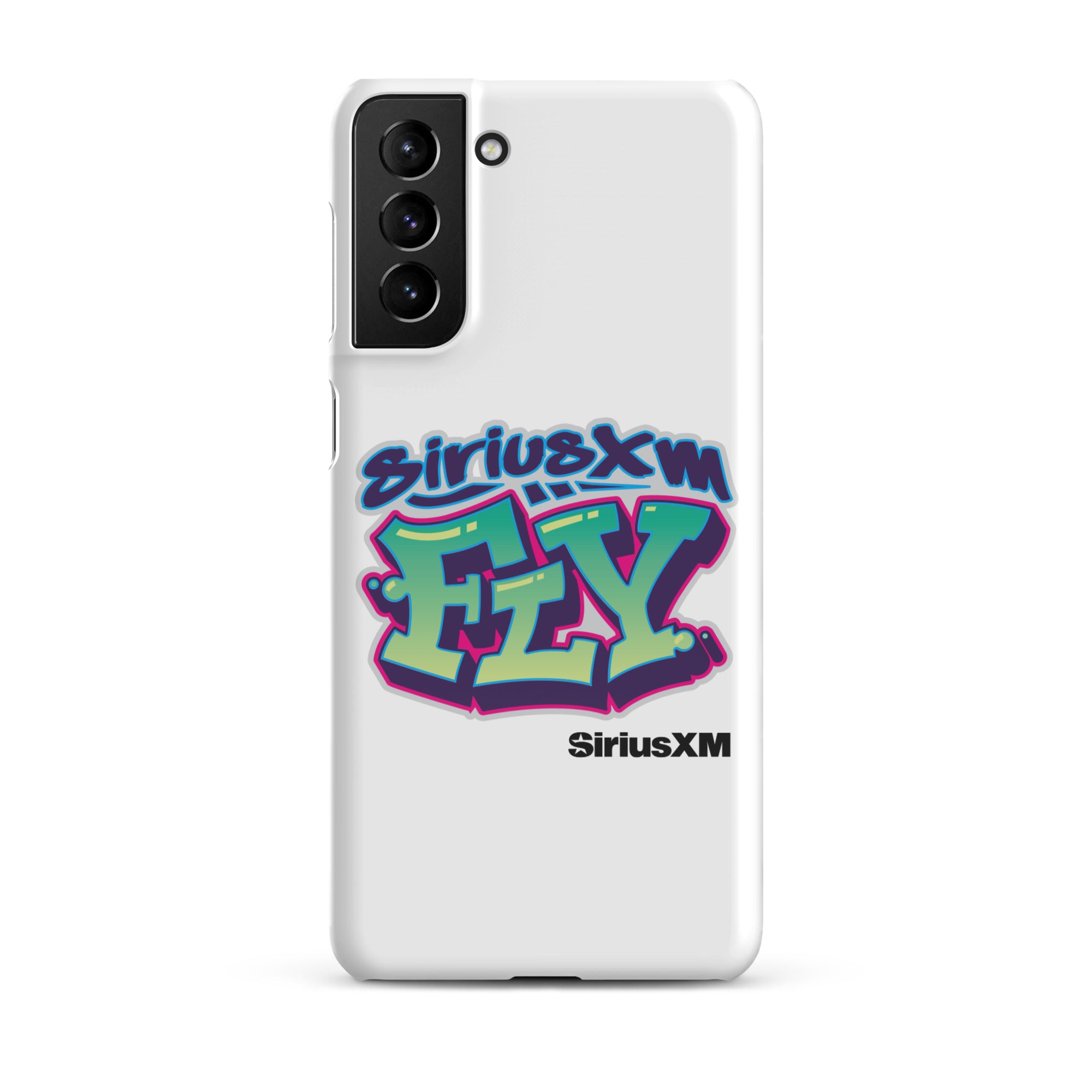 White phone case featuring colorful graffiti-style 'SiriusXM FLY' logo and 'SiriusXM' branding in black.