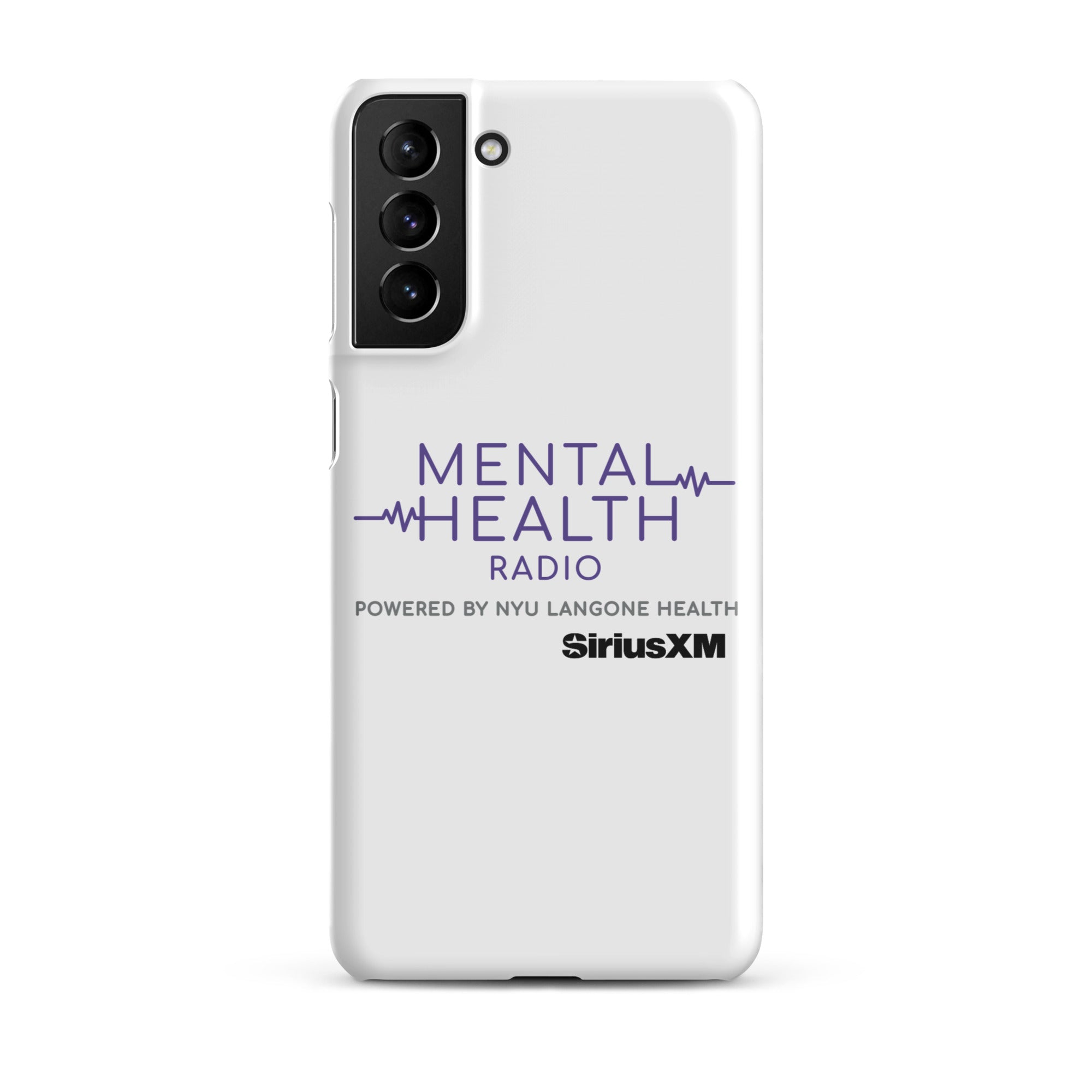 White phone case featuring 'MENTAL HEALTH RADIO powered by NYU Langone Health' logo and 'SiriusXM' branding.