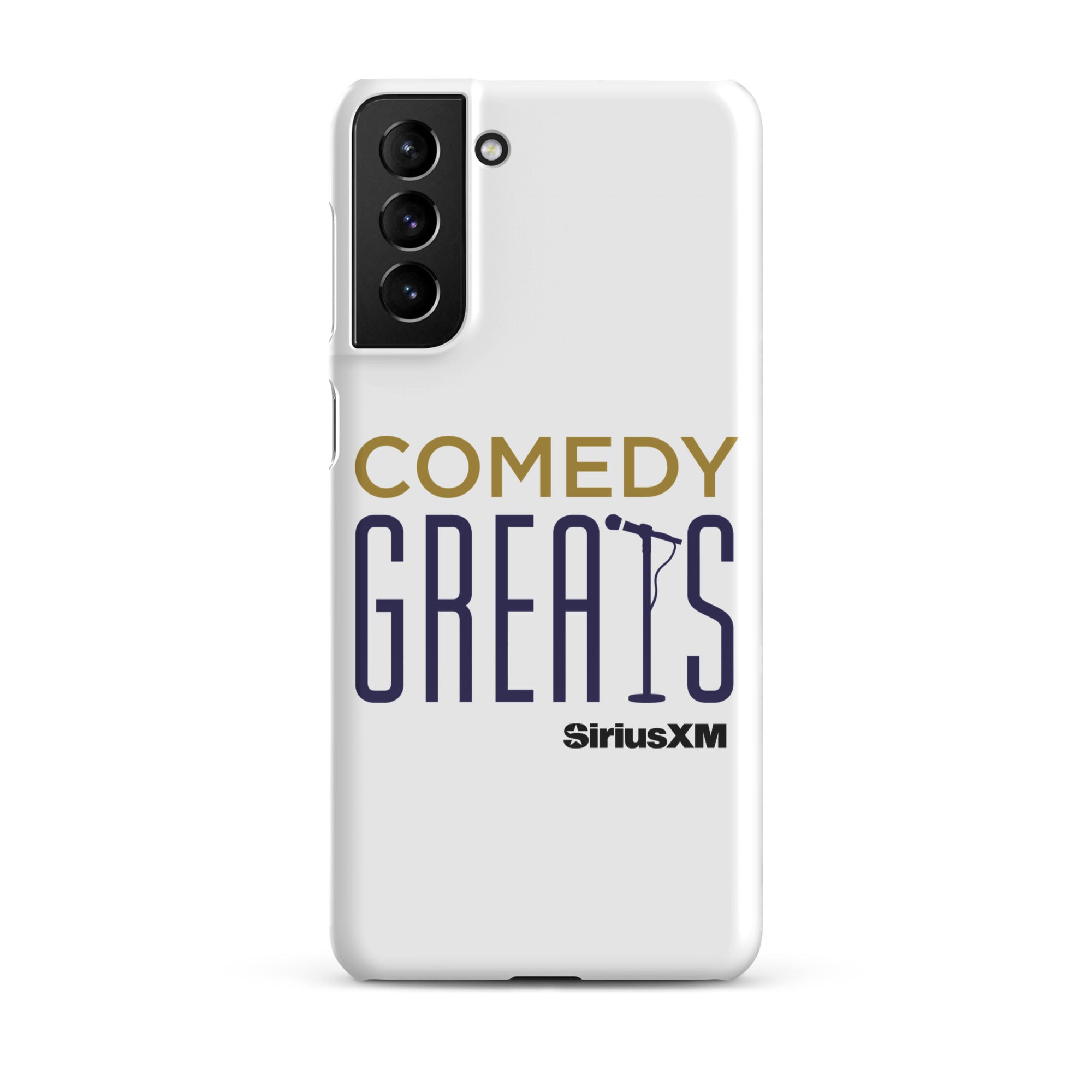 White phone case with 'COMEDY GREATS' logo and a microphone icon, featuring the 'SiriusXM' logo.