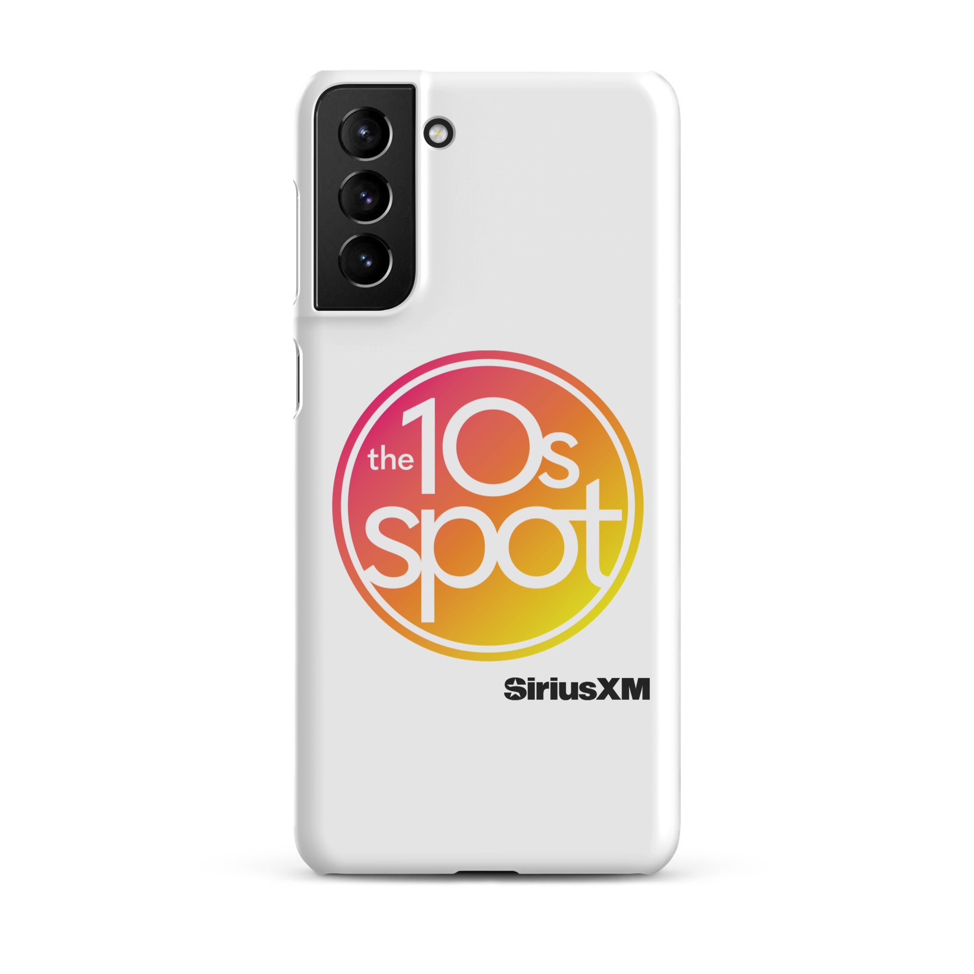 White phone case featuring 'the 10s spot' logo in a pink and yellow gradient and 'SiriusXM' branding.