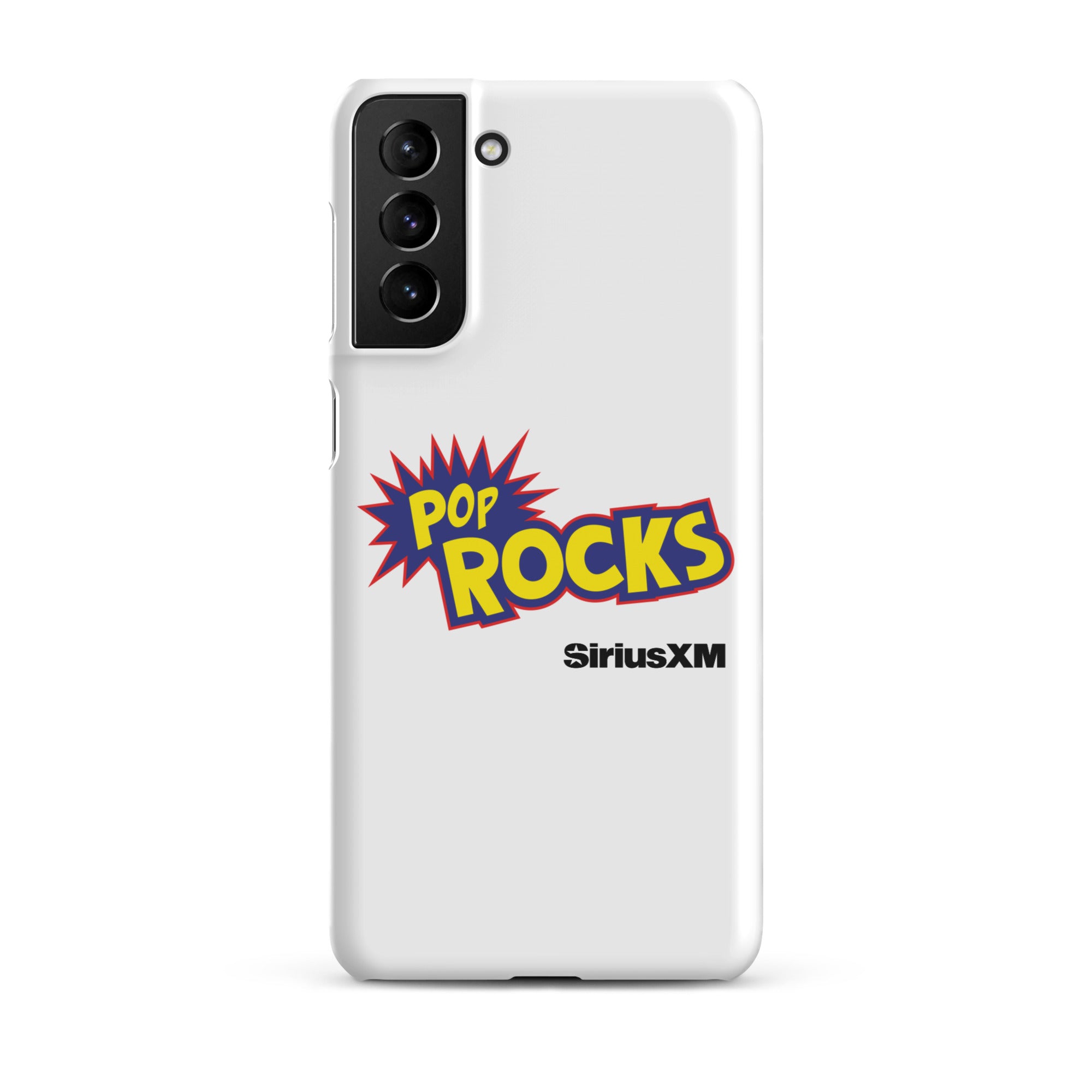 A white phone case featuring 'Pop Rocks' explosion graphic design  'SiriusXM' logo.