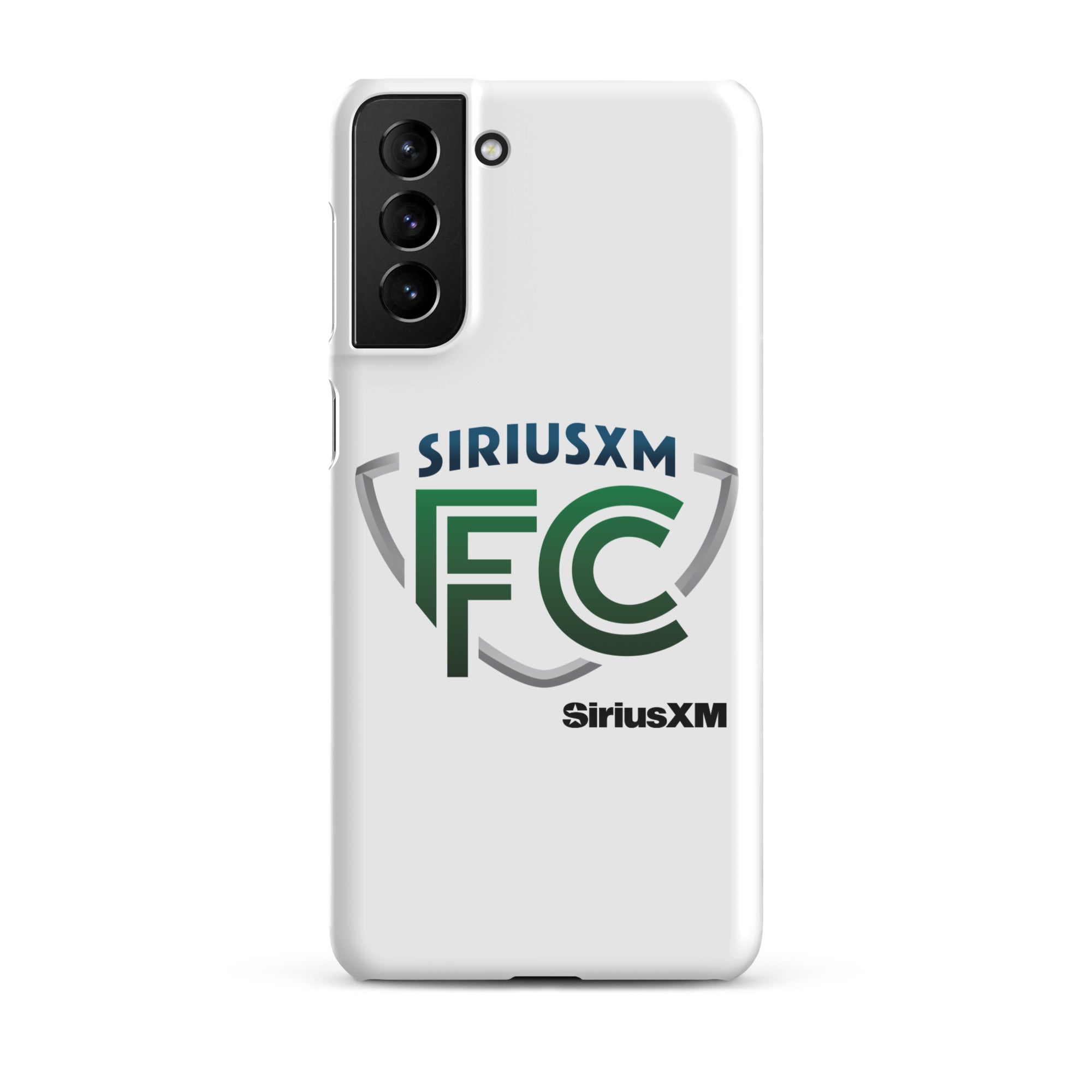 White phone case featuring 'SiriusXM FC' logo in green and blue.