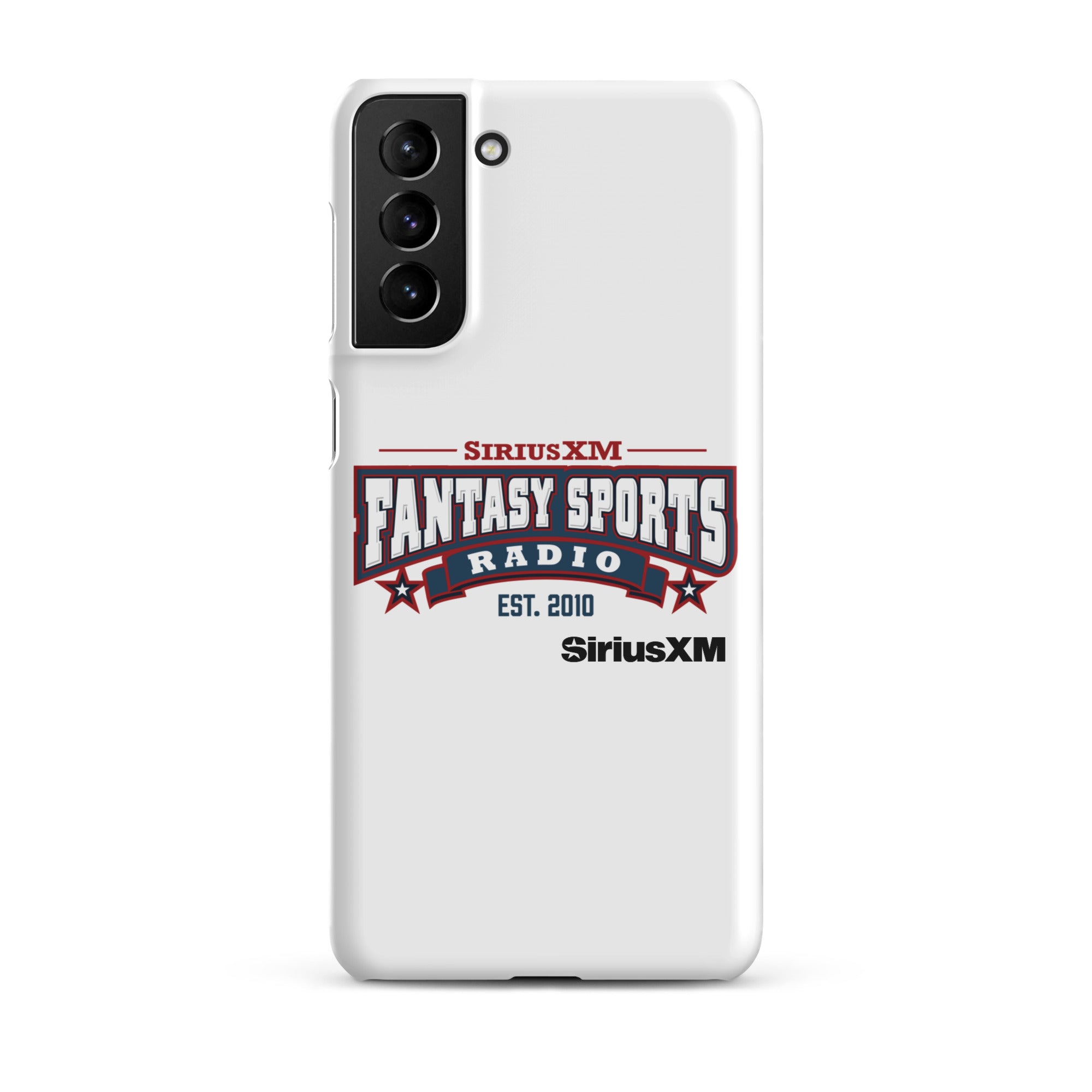 White phone case with 'SiriusXM Fantasy Sports Radio established 2010' logo, featuring red and blue design elements.