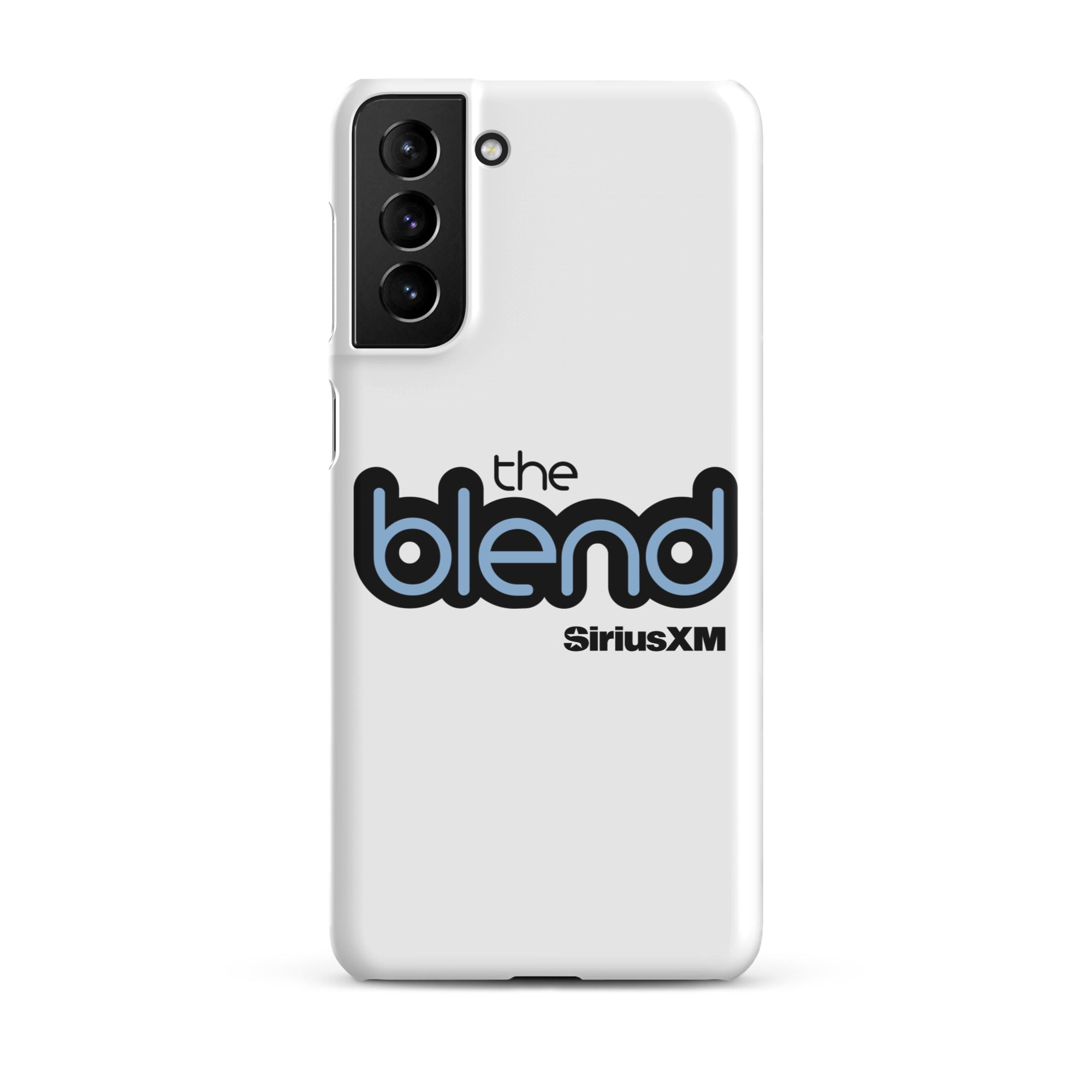 White phone case featuring the logo 'the blend' and 'SiriusXM' in blue and black text.