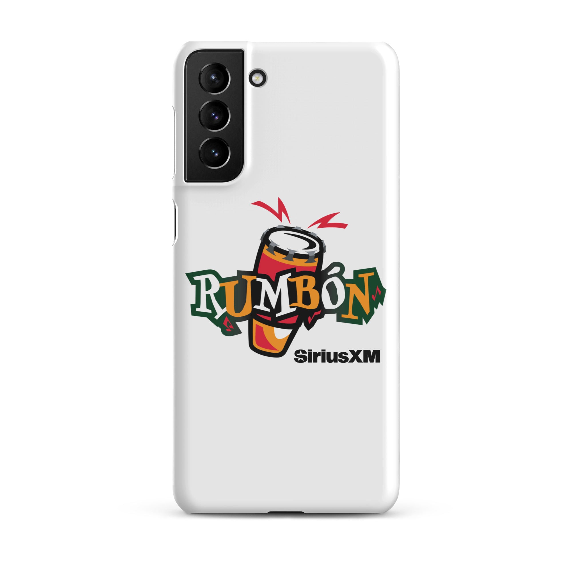 White phone case featuring a colorful 'Rumbón' logo with a conga drum and 'SiriusXM' branding.