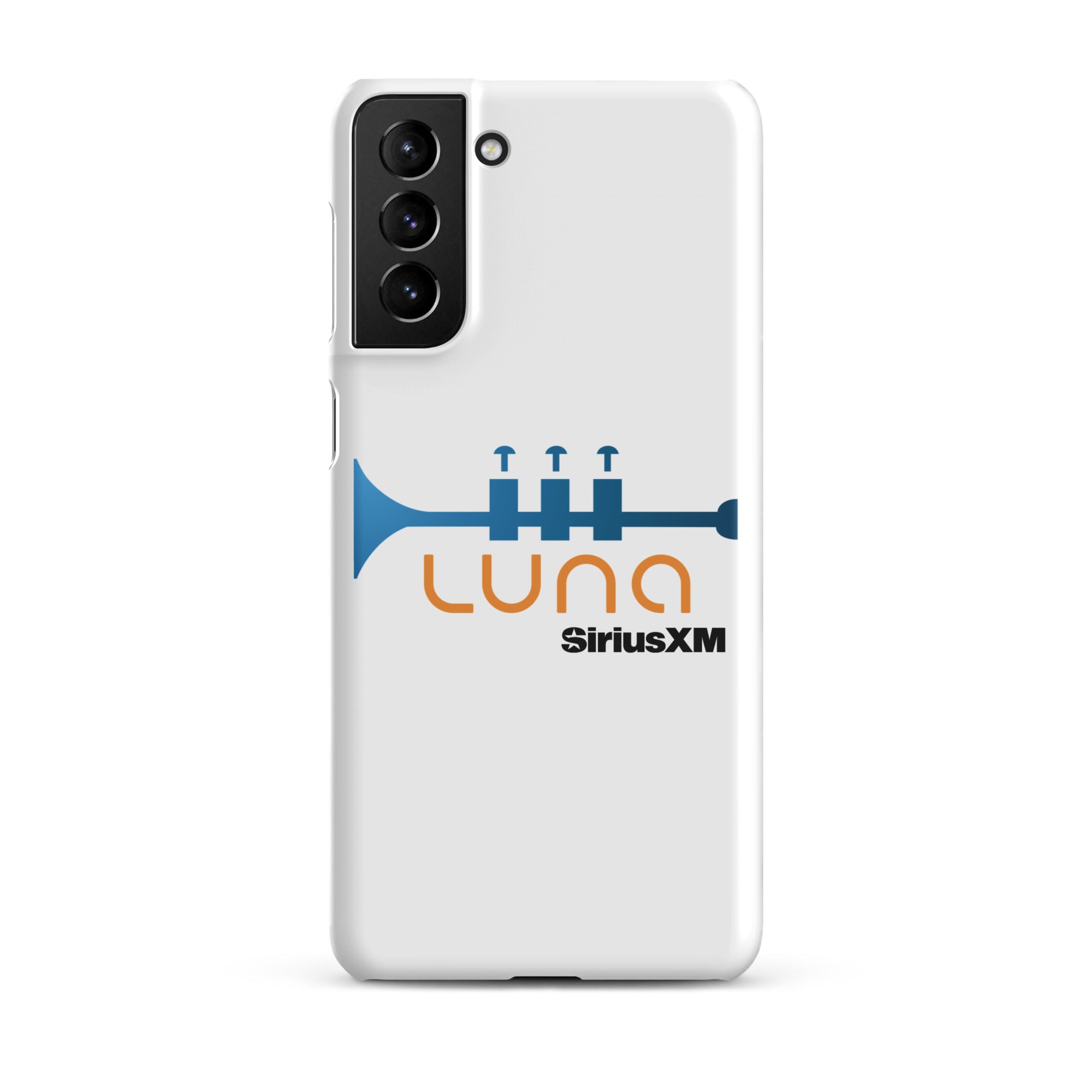 White phone case featuring a blue trumpet graphic and the logo 'LUNA SiriusXM' in orange and black.