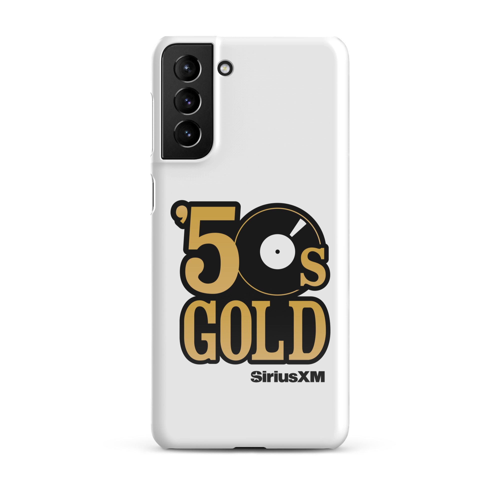 A white phone case featuring '50s GOLD' logo and 'SiriusXM' branding.