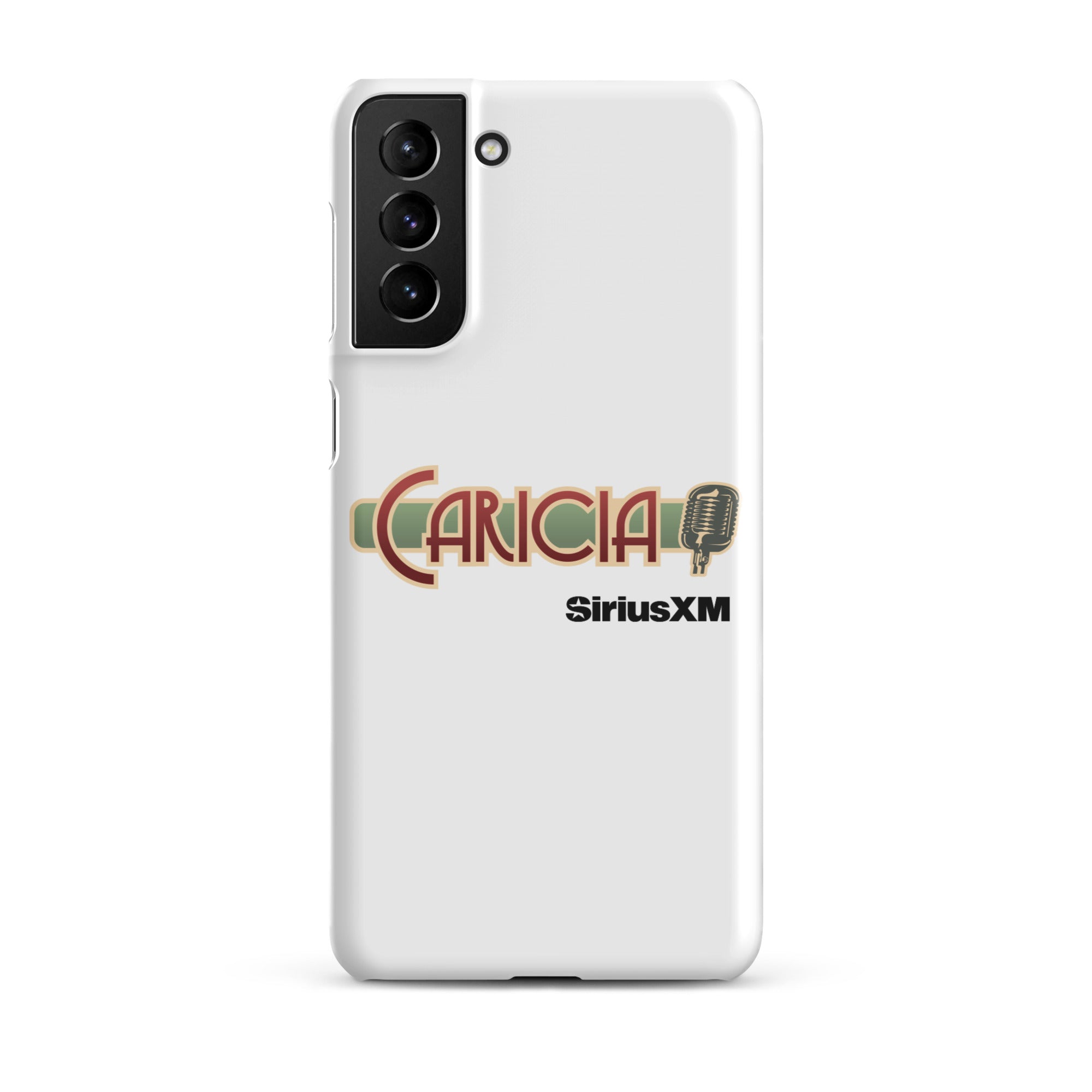 White phone case featuring the text 'CARICIA' and 'SiriusXM' with a microphone graphic.