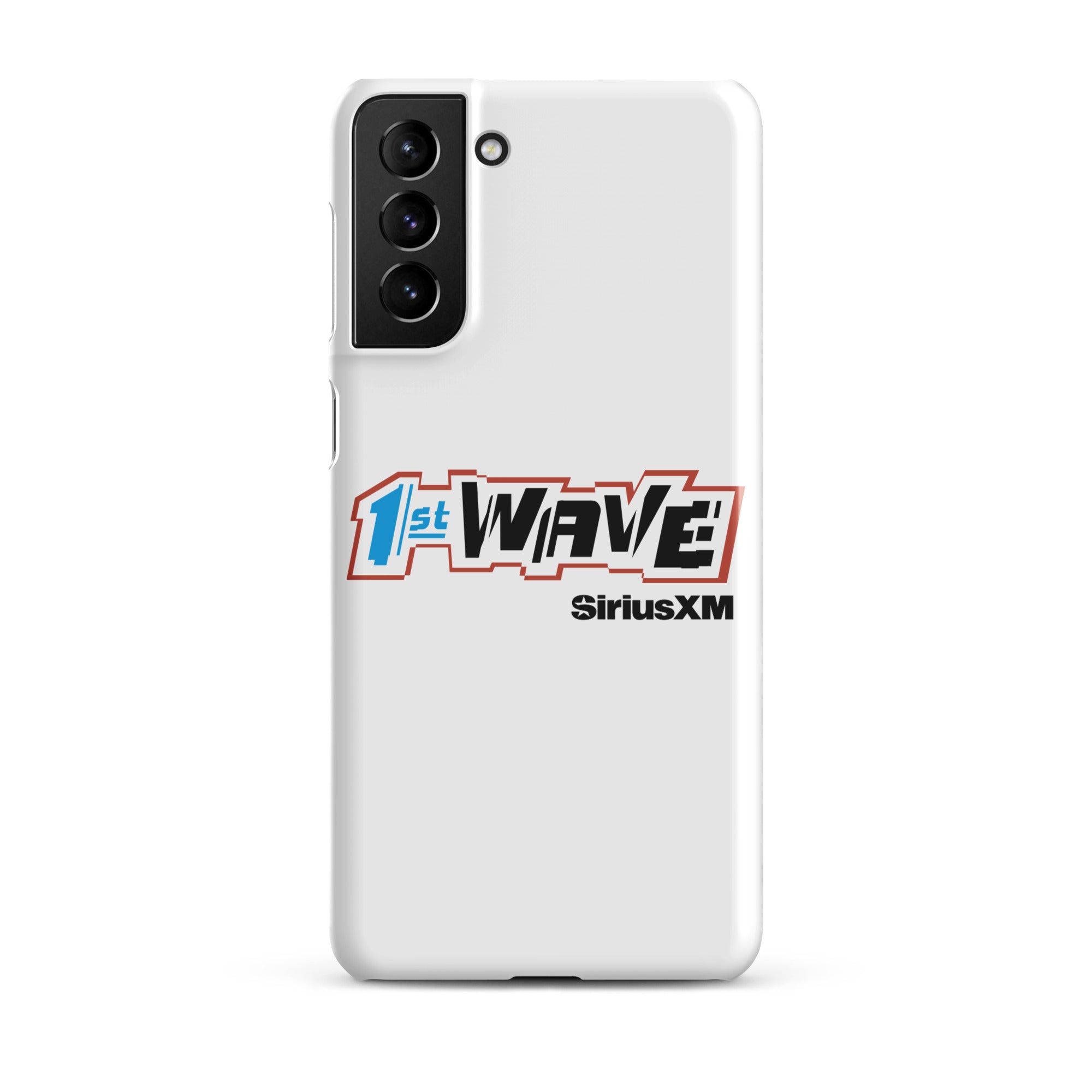 White phone case featuring 'SiriusXM 1st Wave' logo and black 'SiriusXM' branding.