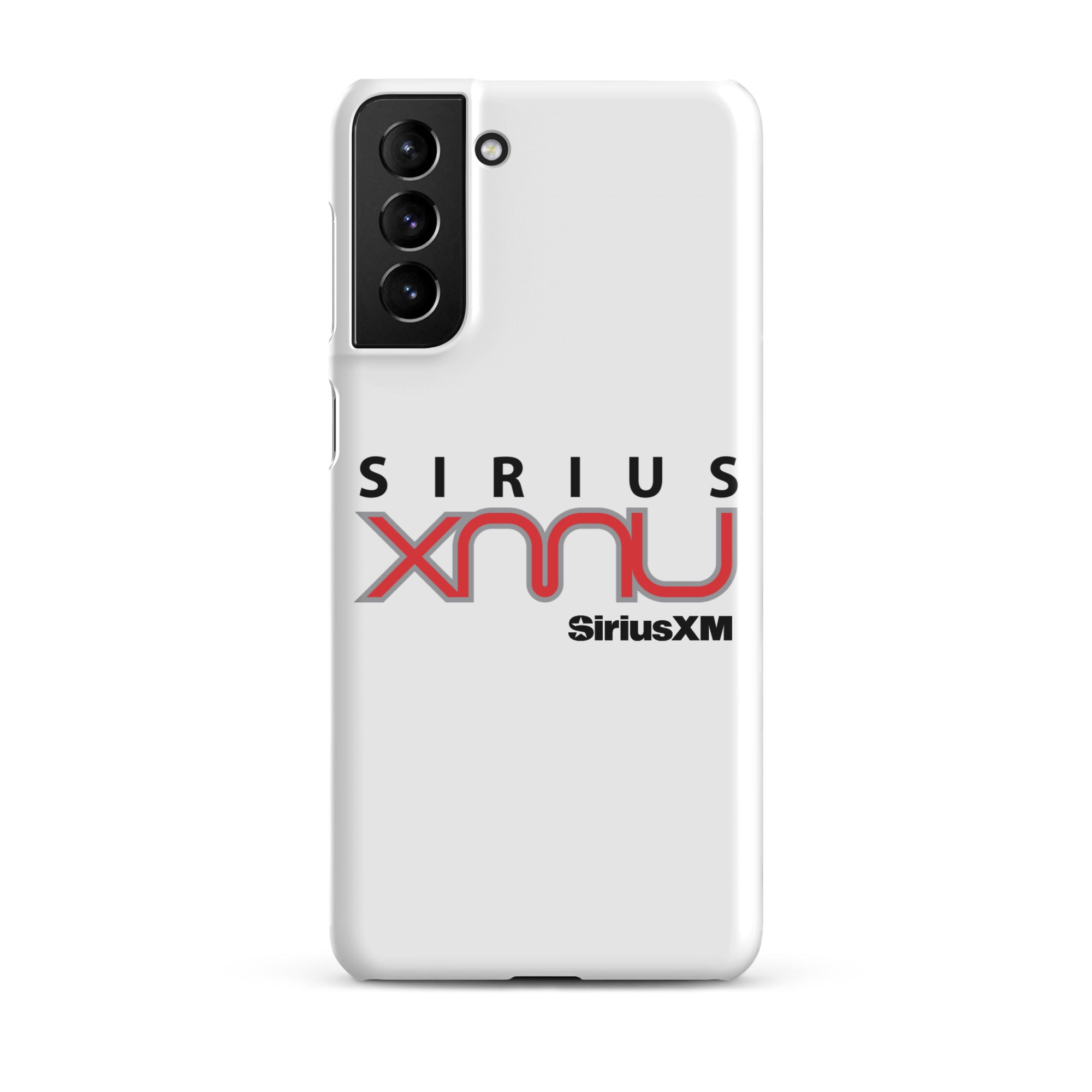 White phone case featuring the 'SiriusXMU' logo in bold black and red text and 'SiriusXM' branding.