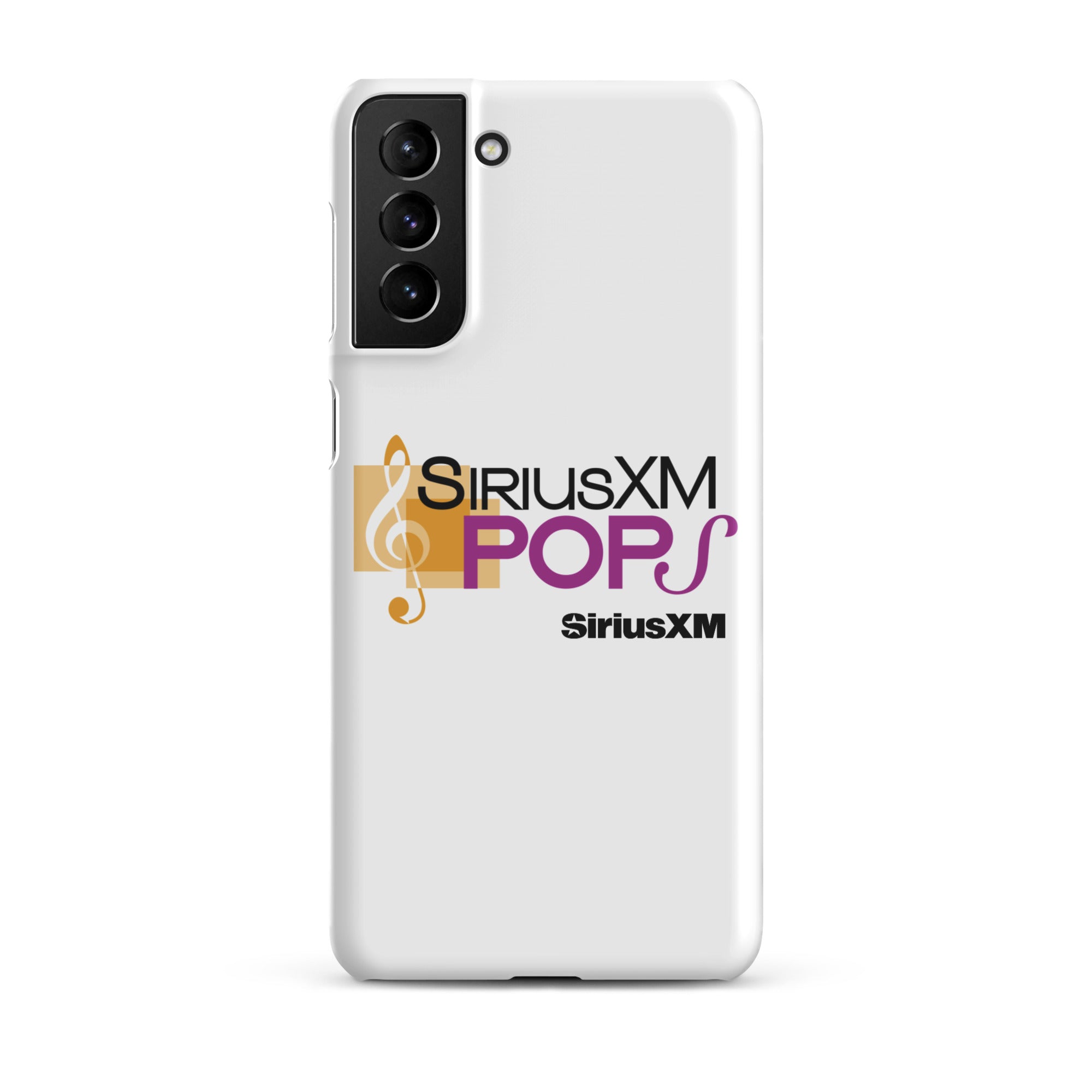 White phone case with 'SiriusXM Pops' logo featuring musical notes and 'SiriusXM' branding.