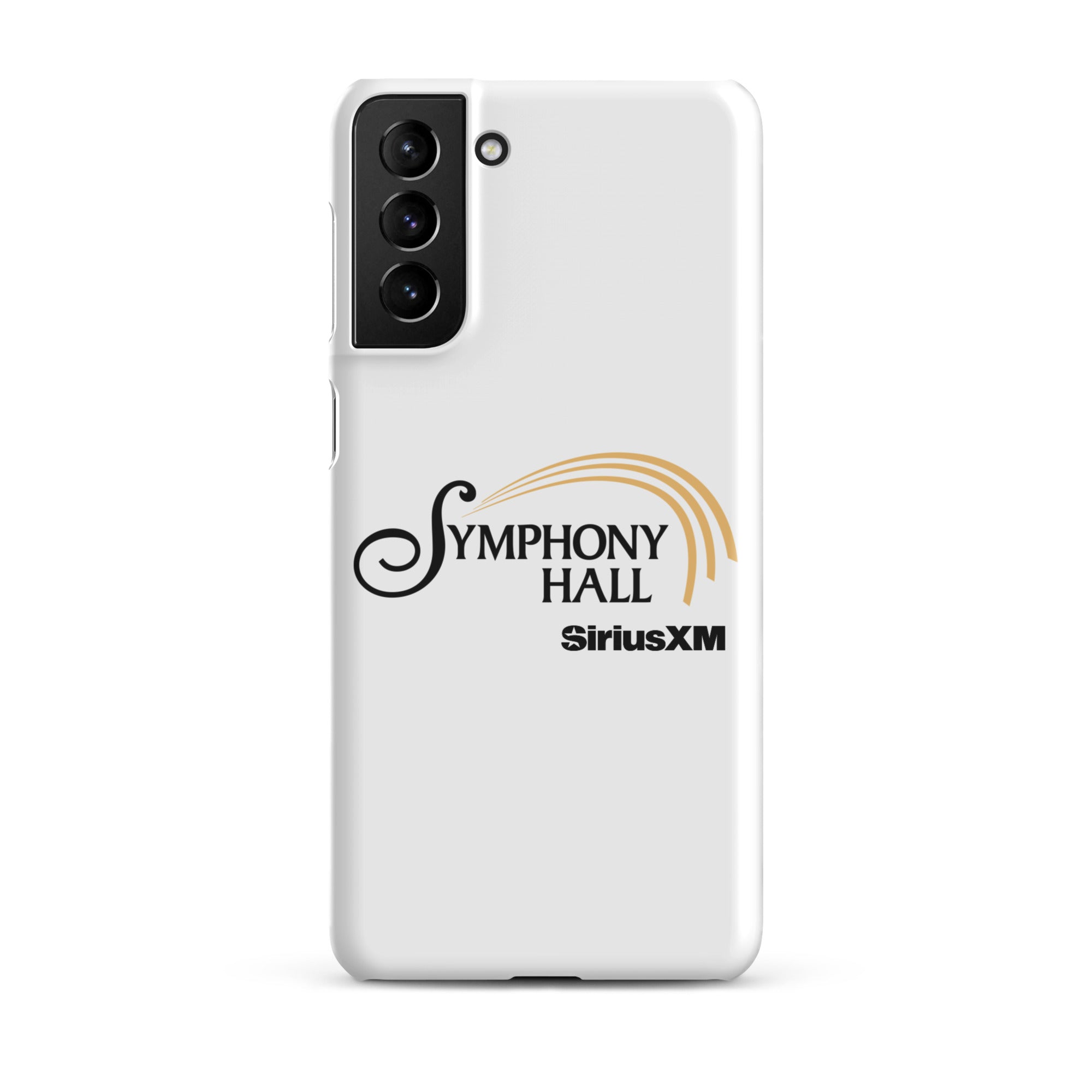 White phone case featuring the words 'Symphony Hall' and 'SiriusXM' in black and gold.