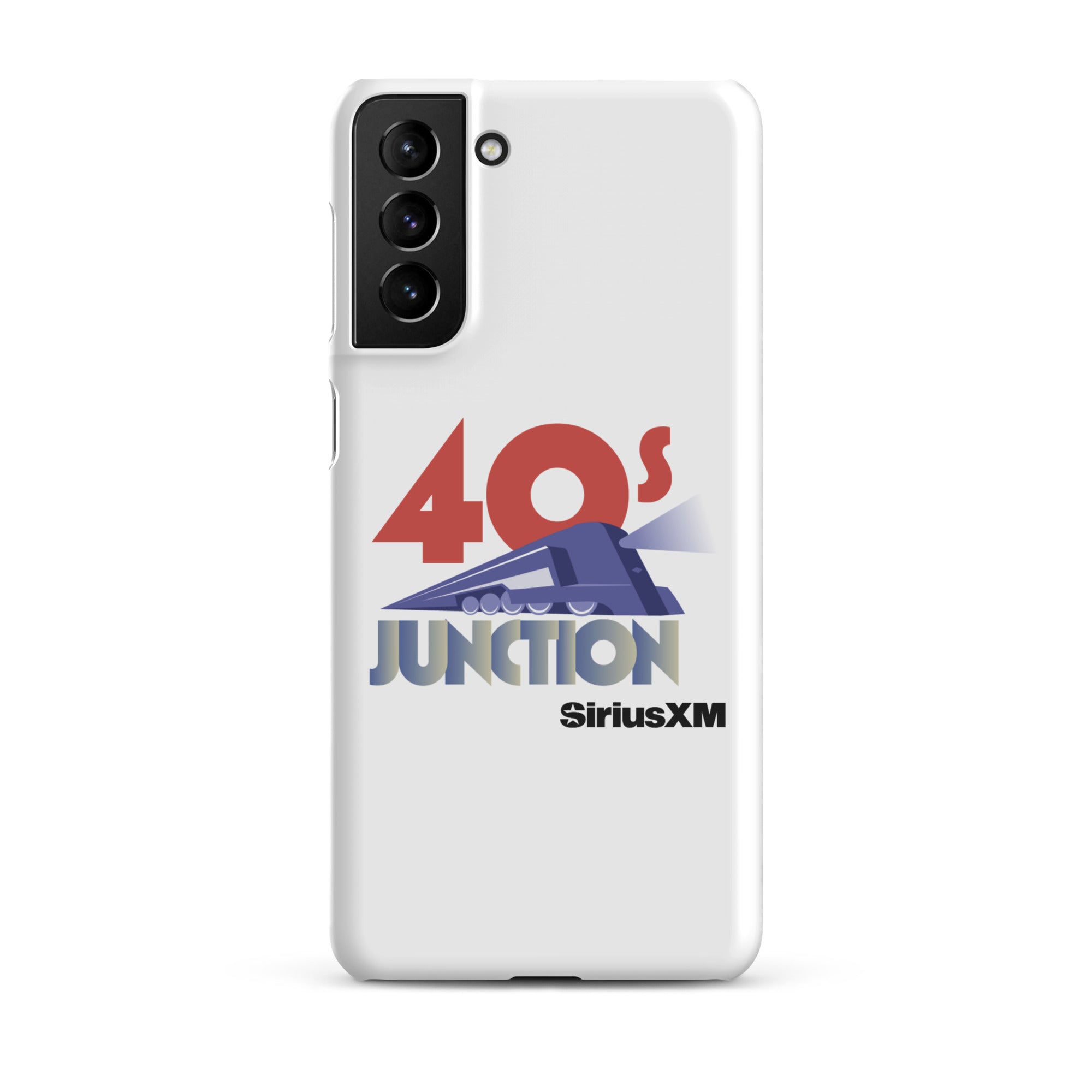 White phone case featuring a design with '40s Junction' and a train graphic, branded with 'SiriusXM.'