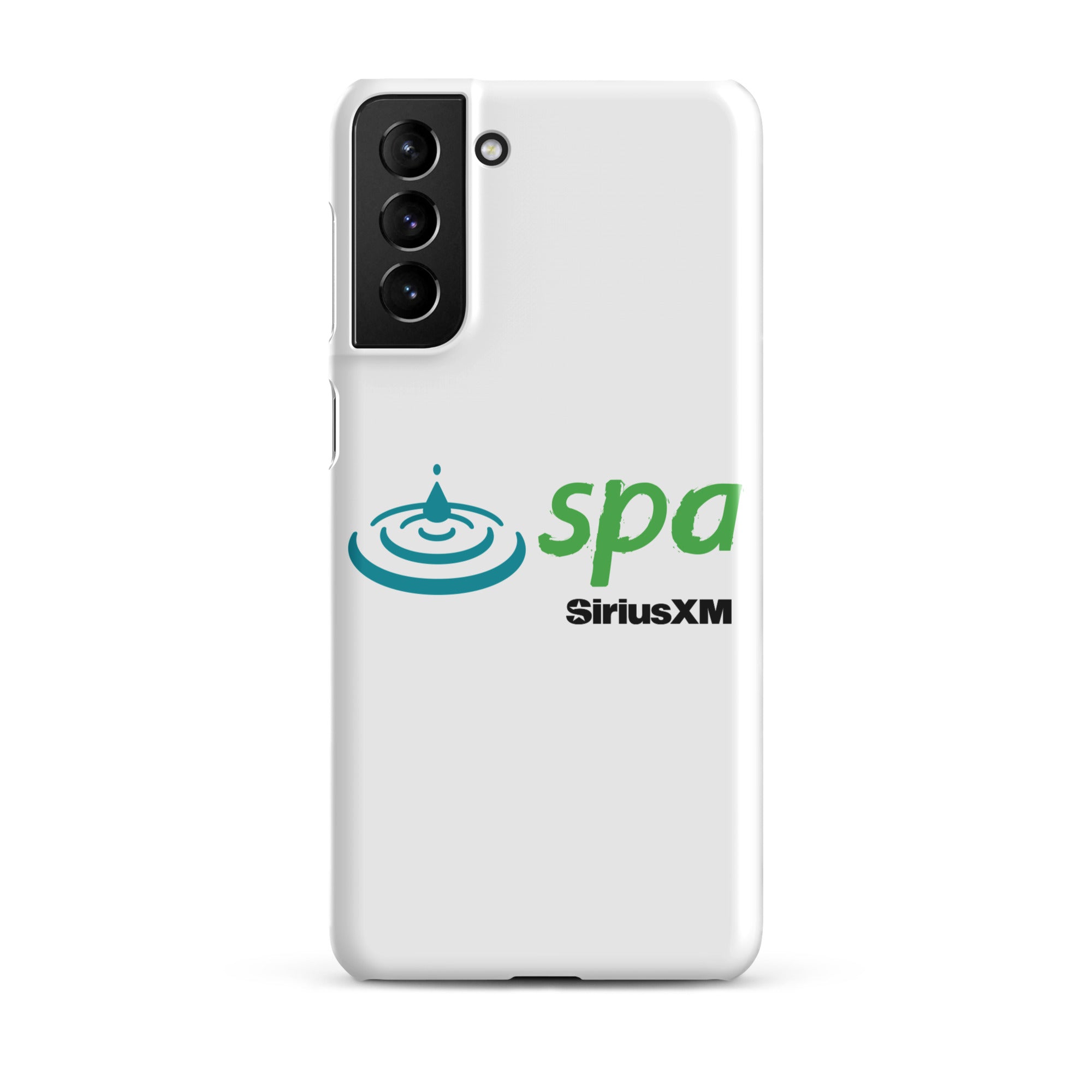 White phone case featuring 'spa' and 'SiriusXM' logos with a water ripple design.