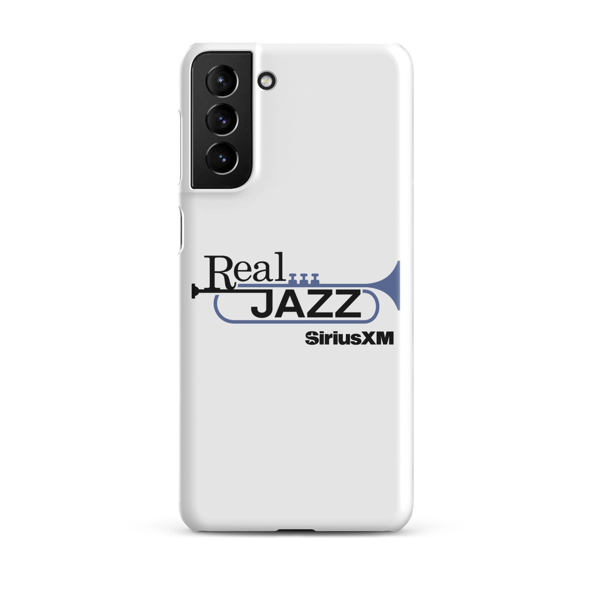 White phone case featuring 'Real Jazz' logo with trumpet and 'SiriusXM' text.