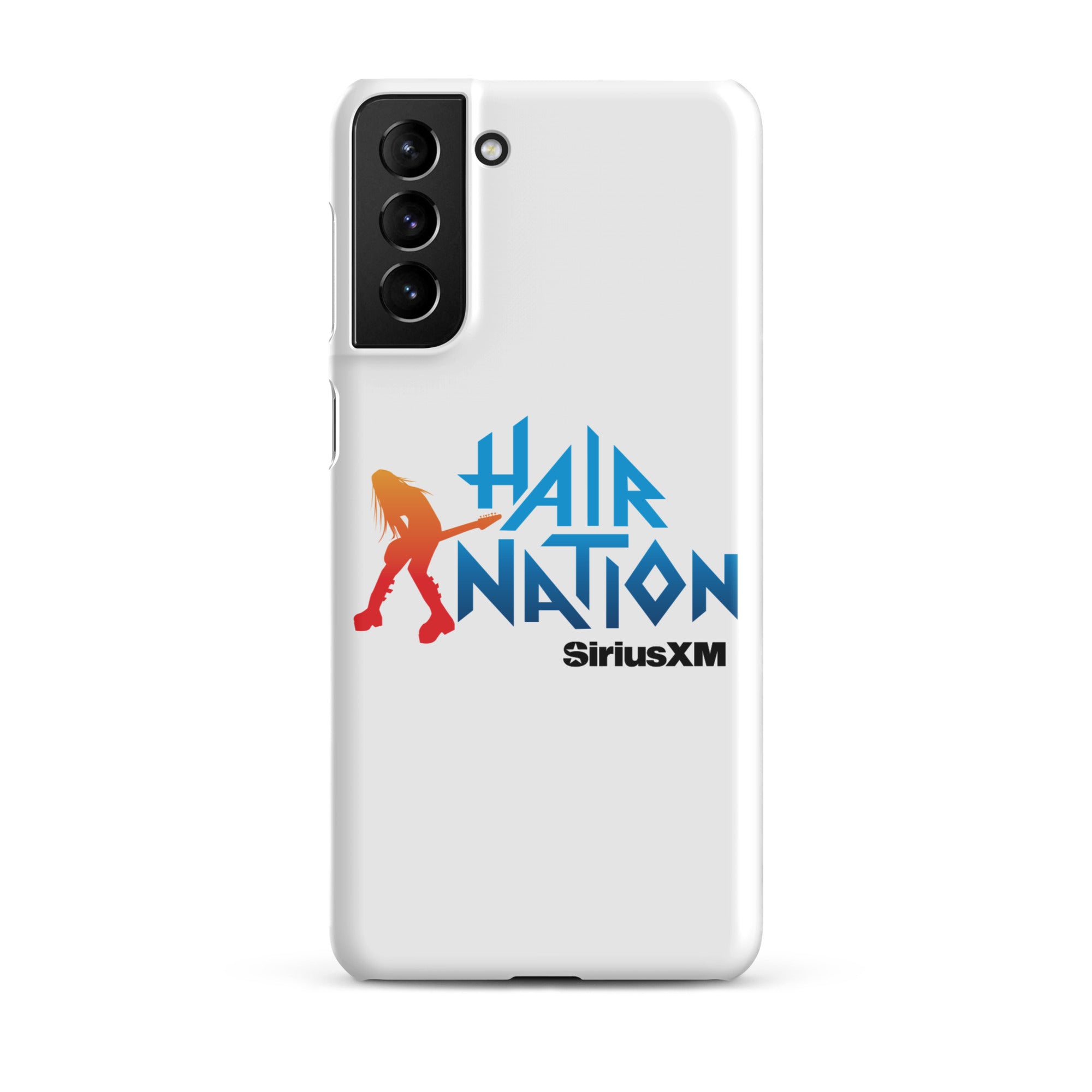 White phone case featuring the 'Hair Nation' logo in blue and orange with a colorful silhouette of a guitarist and black 'SiriusXM' branding.