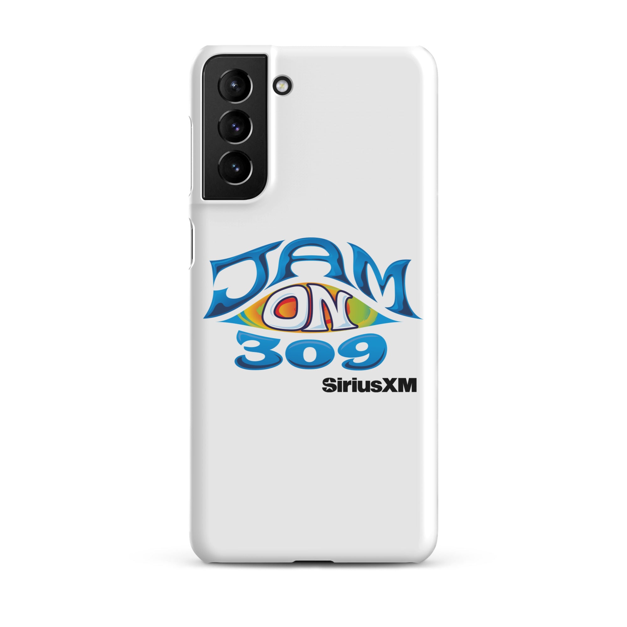 White phone case featuring 'JAM ON 309' logo and 'SiriusXM' text in blue and colorful design.