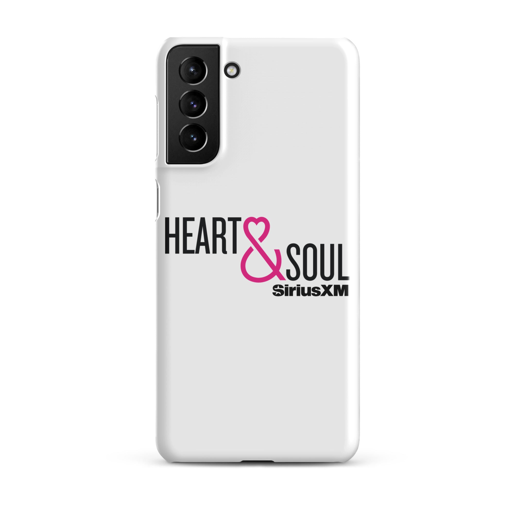 White phone case featuring 'HEART & SOUL' in black and pink text, with 'SiriusXM' logo.