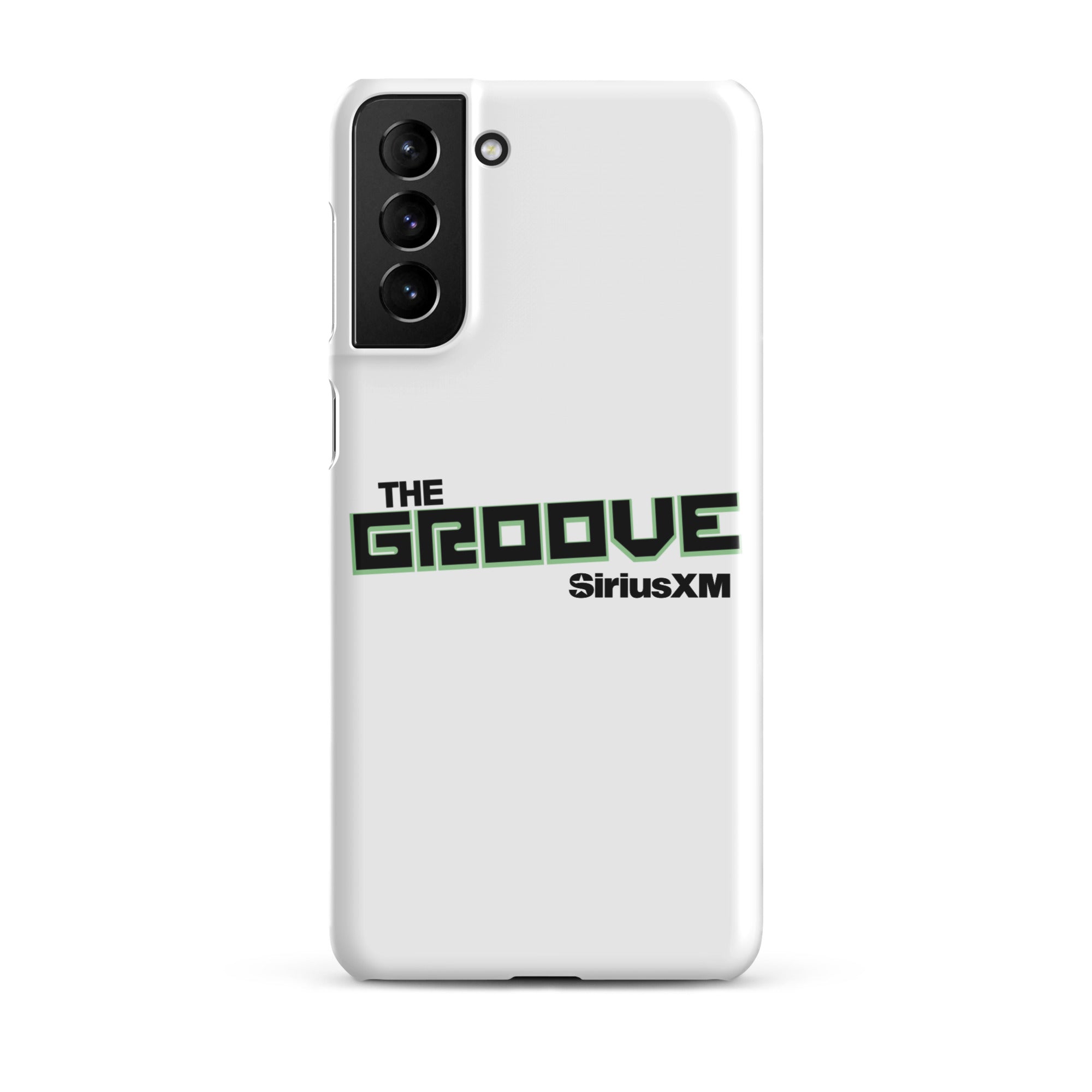 White phone case featuring 'THE GROOVE' and 'SiriusXM' logos in green and black.