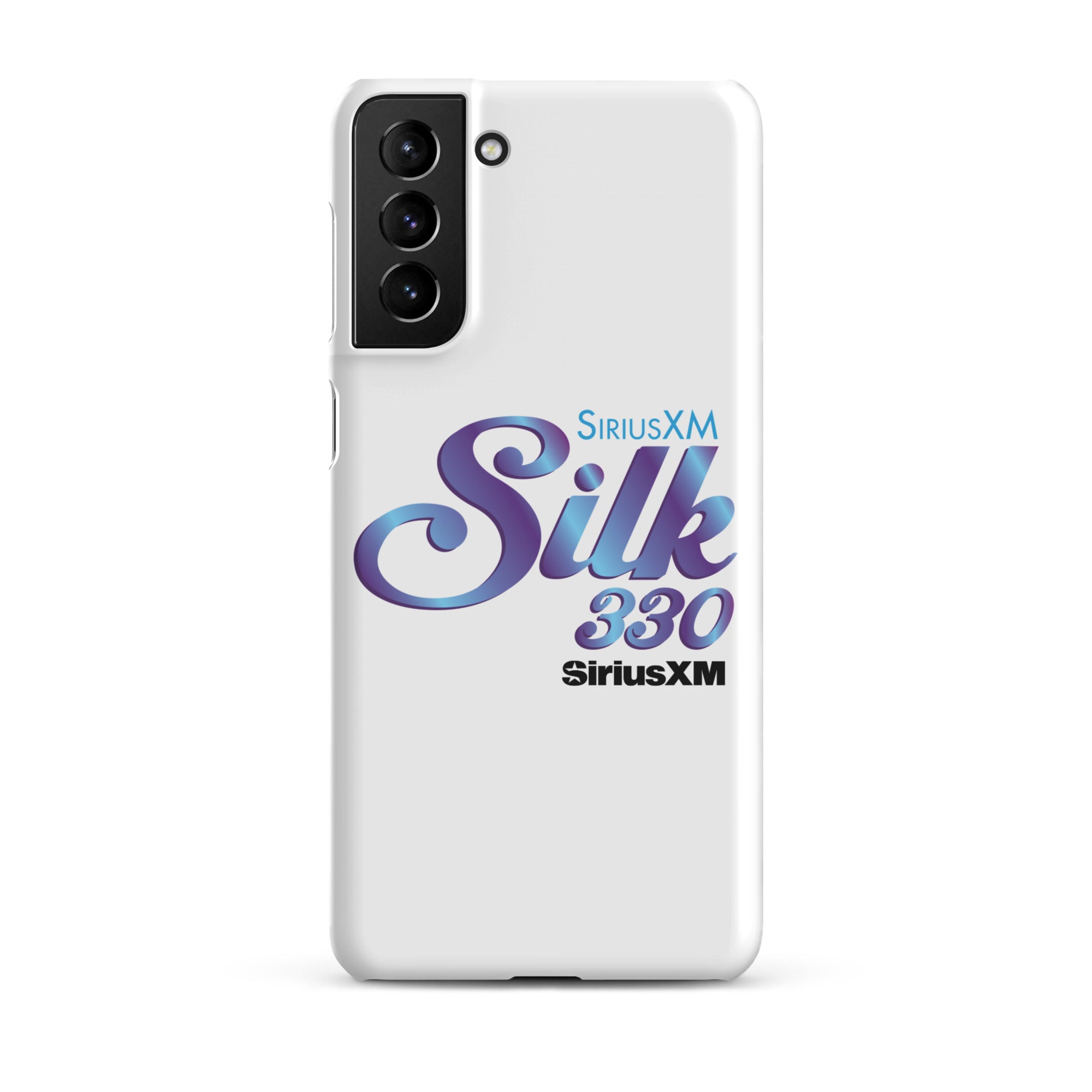 White phone case featuring 'SiriusXM Silk 330' logo in purple and 'SiriusXM' branding in black text.