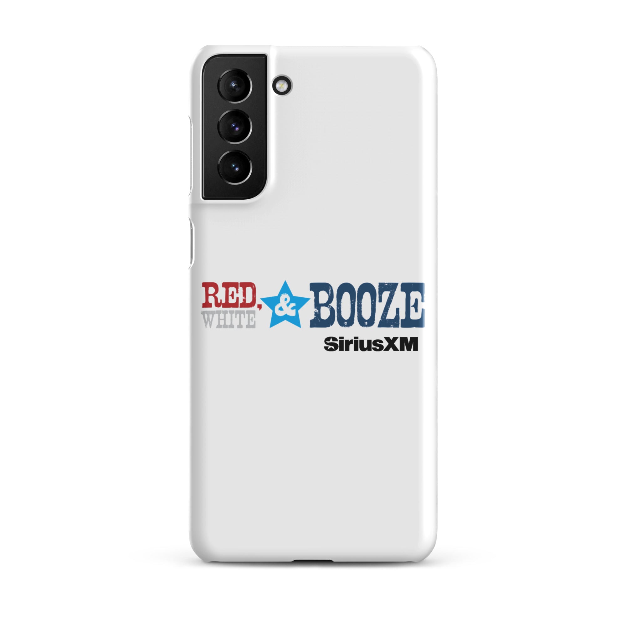 A white phone case featuring the logo 'RED, WHITE & BOOZE' along with 'SiriusXM' logo.