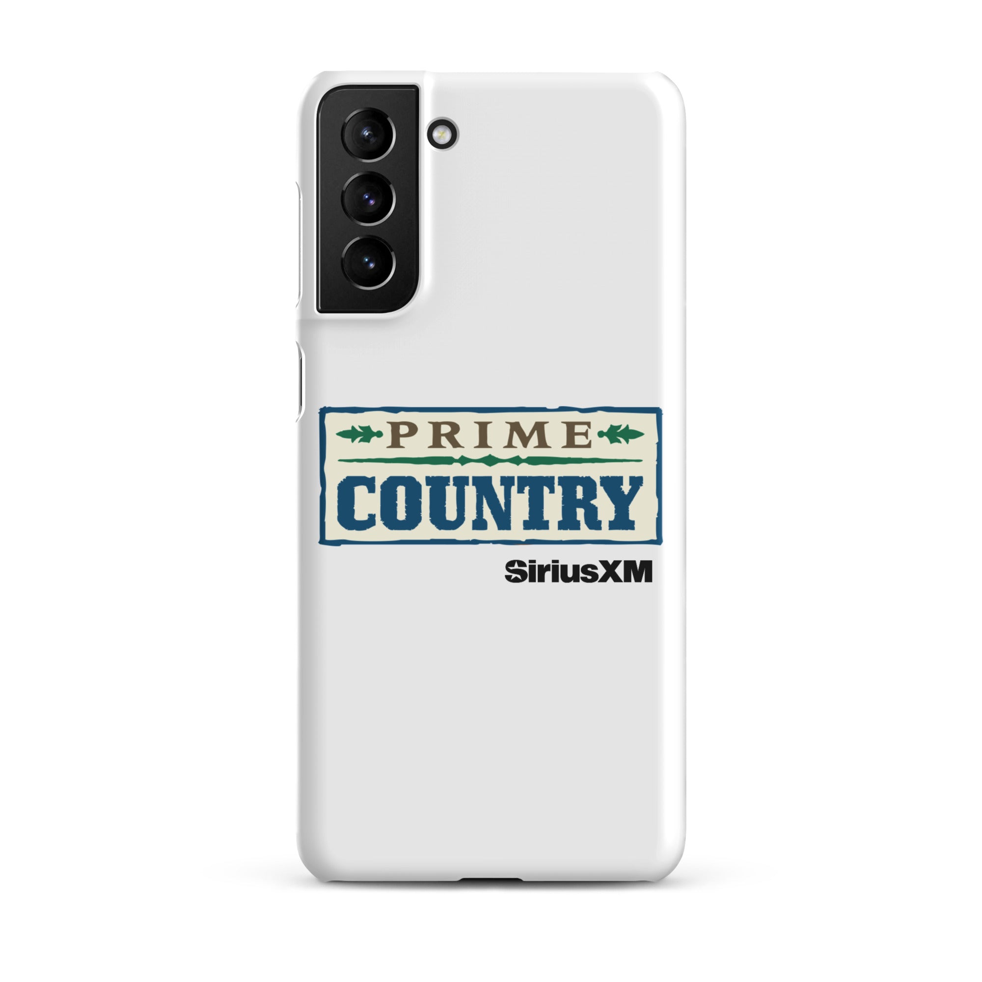 White phone case featuring the 'Prime Country' logo and 'SiriusXM' branding.