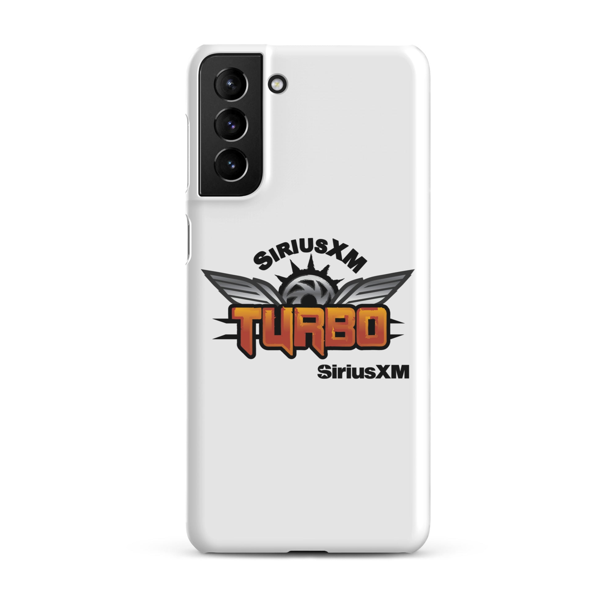 White phone case featuring 'SiriusXM Turbo' logo with wings and sun graphics and 'SiriusXM' branding.