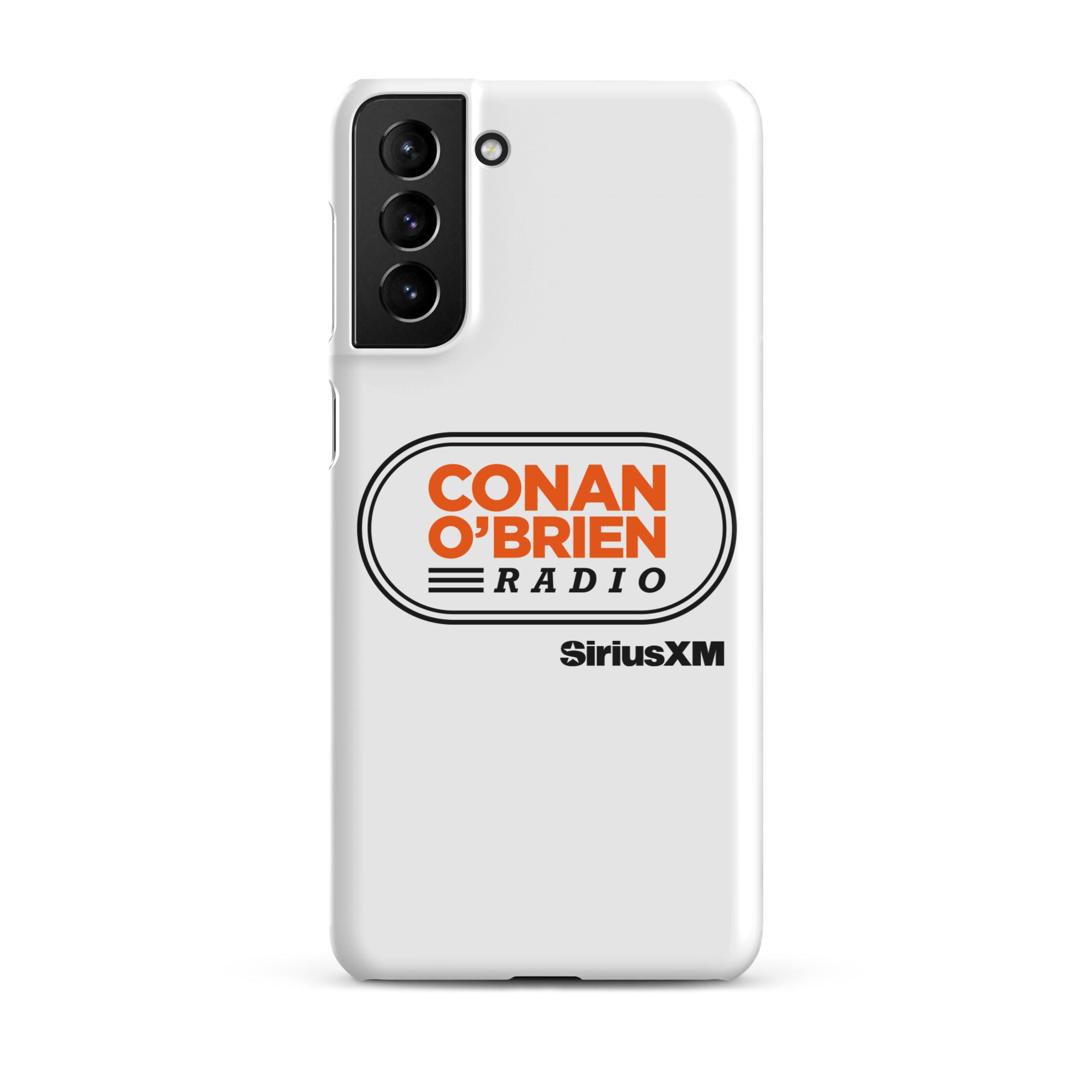 White phone case featuring 'CONAN O'BRIEN RADIO' and 'SiriusXM' logos.