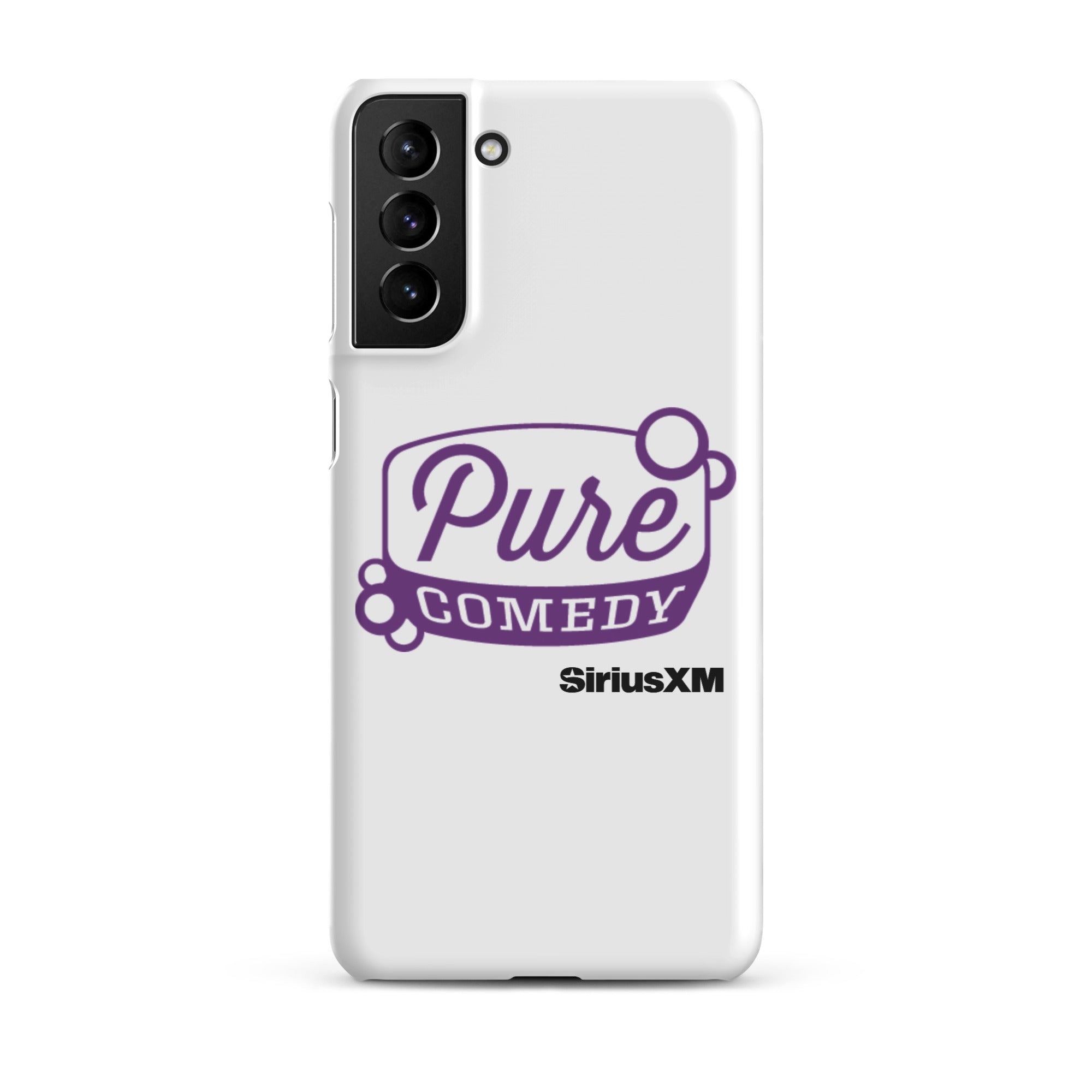 White phone case featuring 'Pure Comedy' in purple text and the 'SiriusXM' logo.