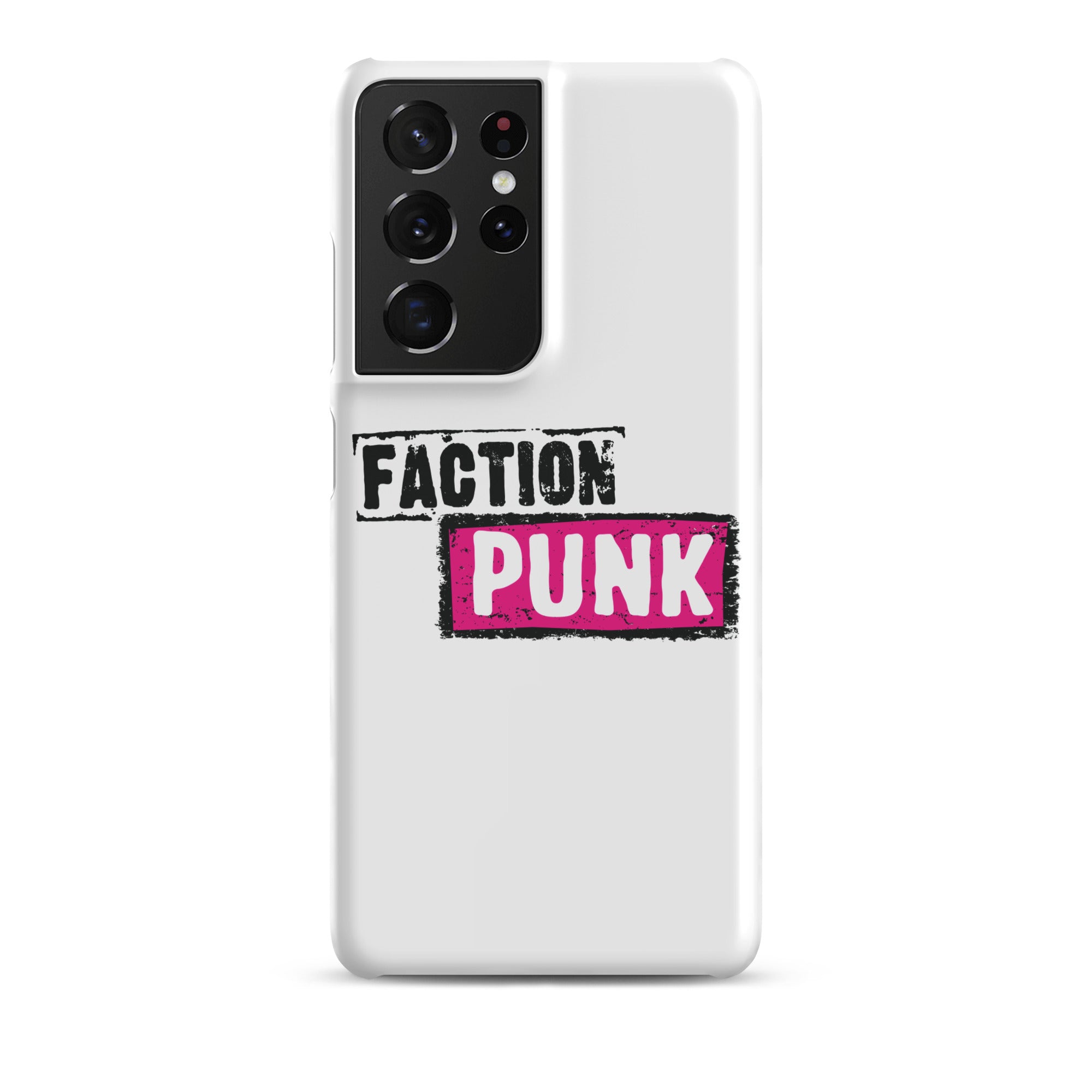 A white phone case with the words 'FACTION PUNK' in bold black and pink lettering.