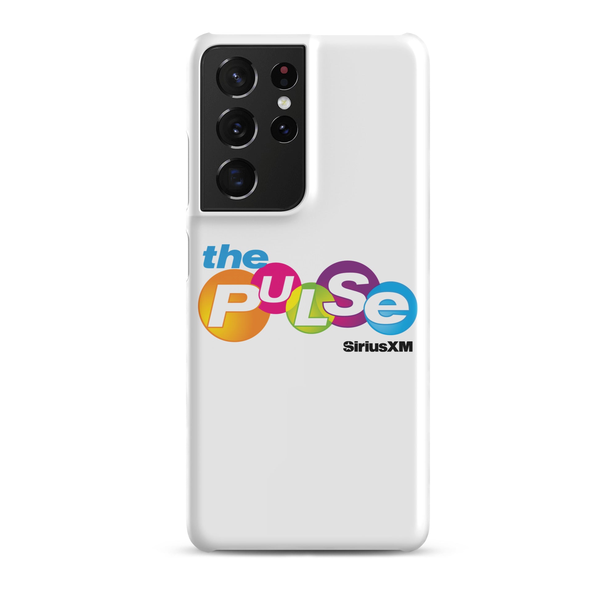 A white phone case featuring the colorful logo 'the PULSe SiriusXM.'