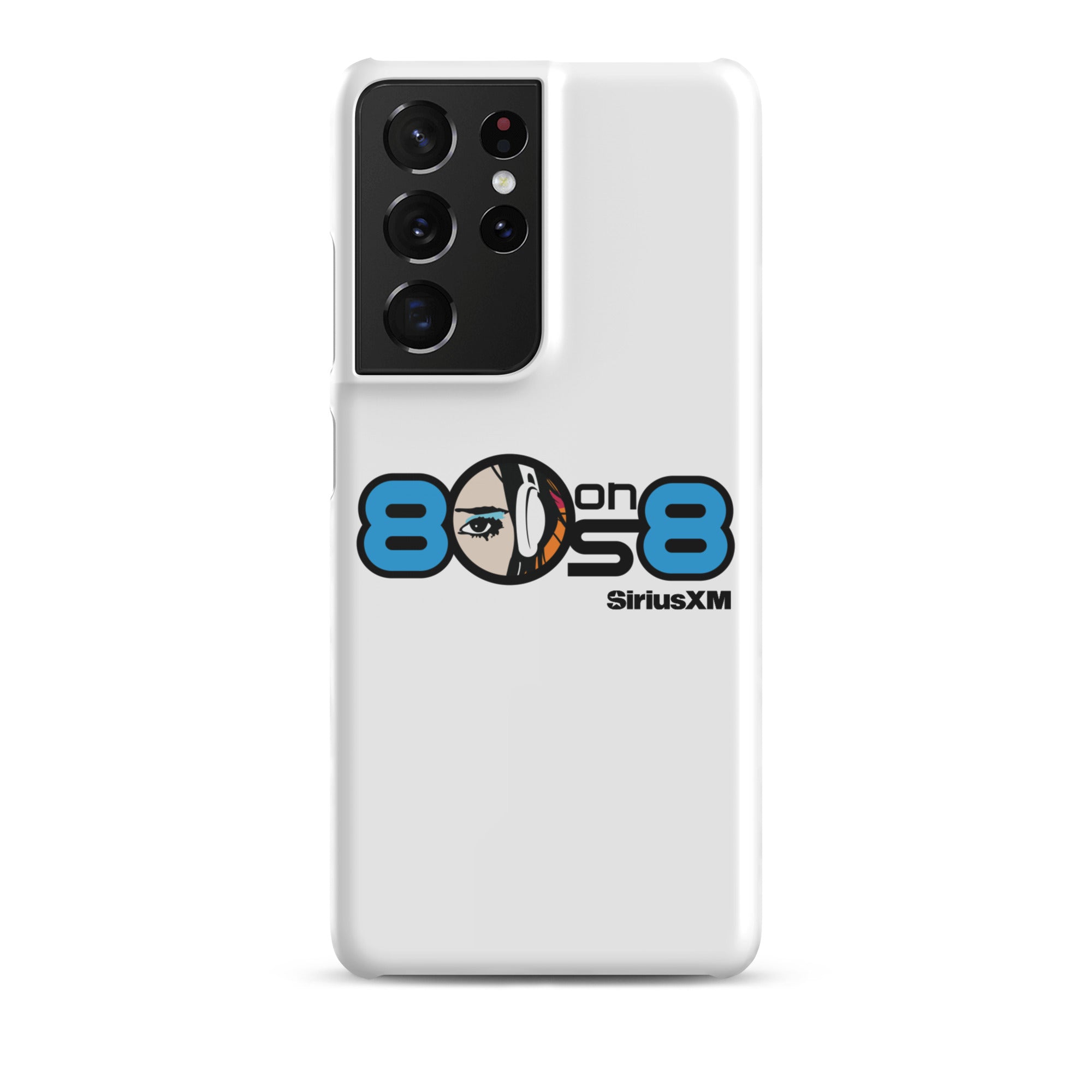 White phone case featuring the '80s on 8 SiriusXM' logo with a stylized face and headphones design.