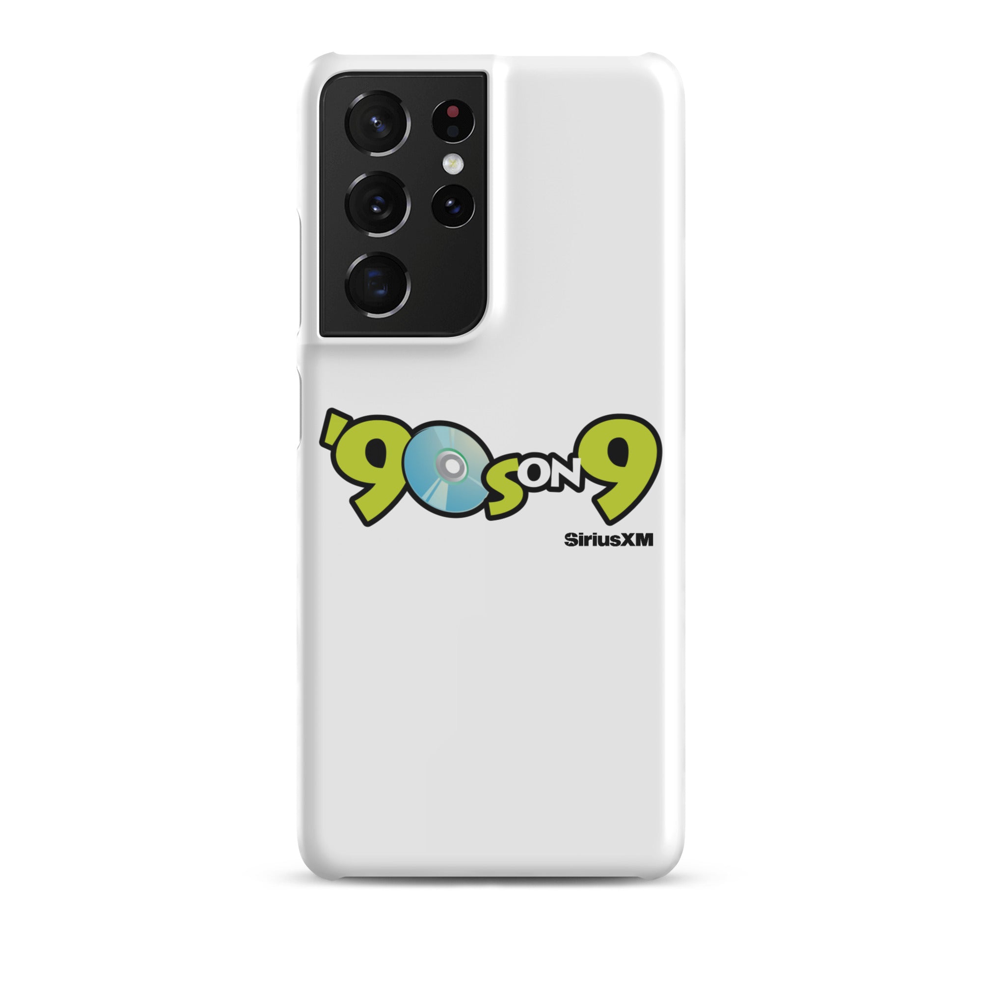 White phone case featuring the '90s on 9 SiriusXM' logo with a blue disc icon.