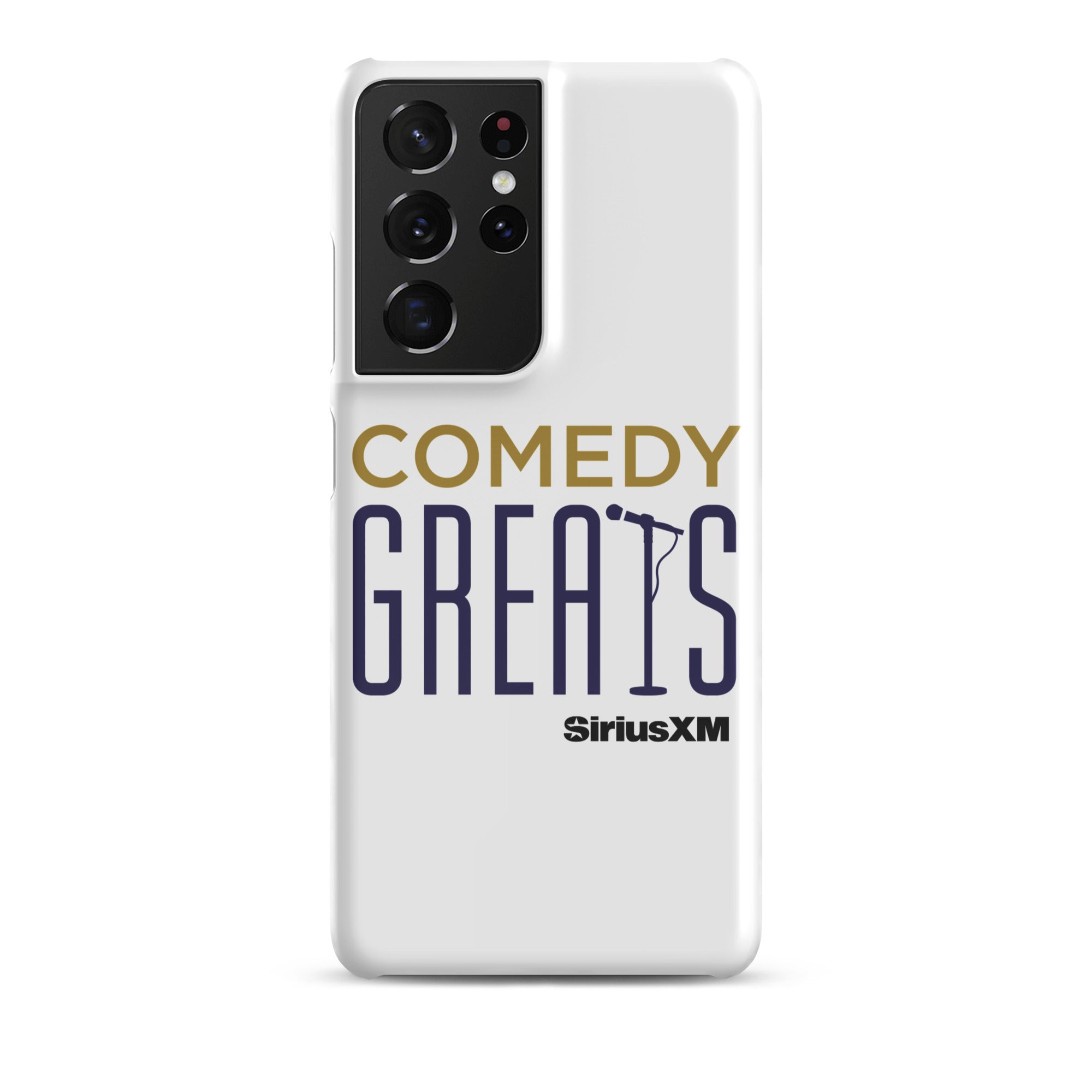 White phone case with 'COMEDY GREATS' logo and a microphone icon, featuring the 'SiriusXM' logo.