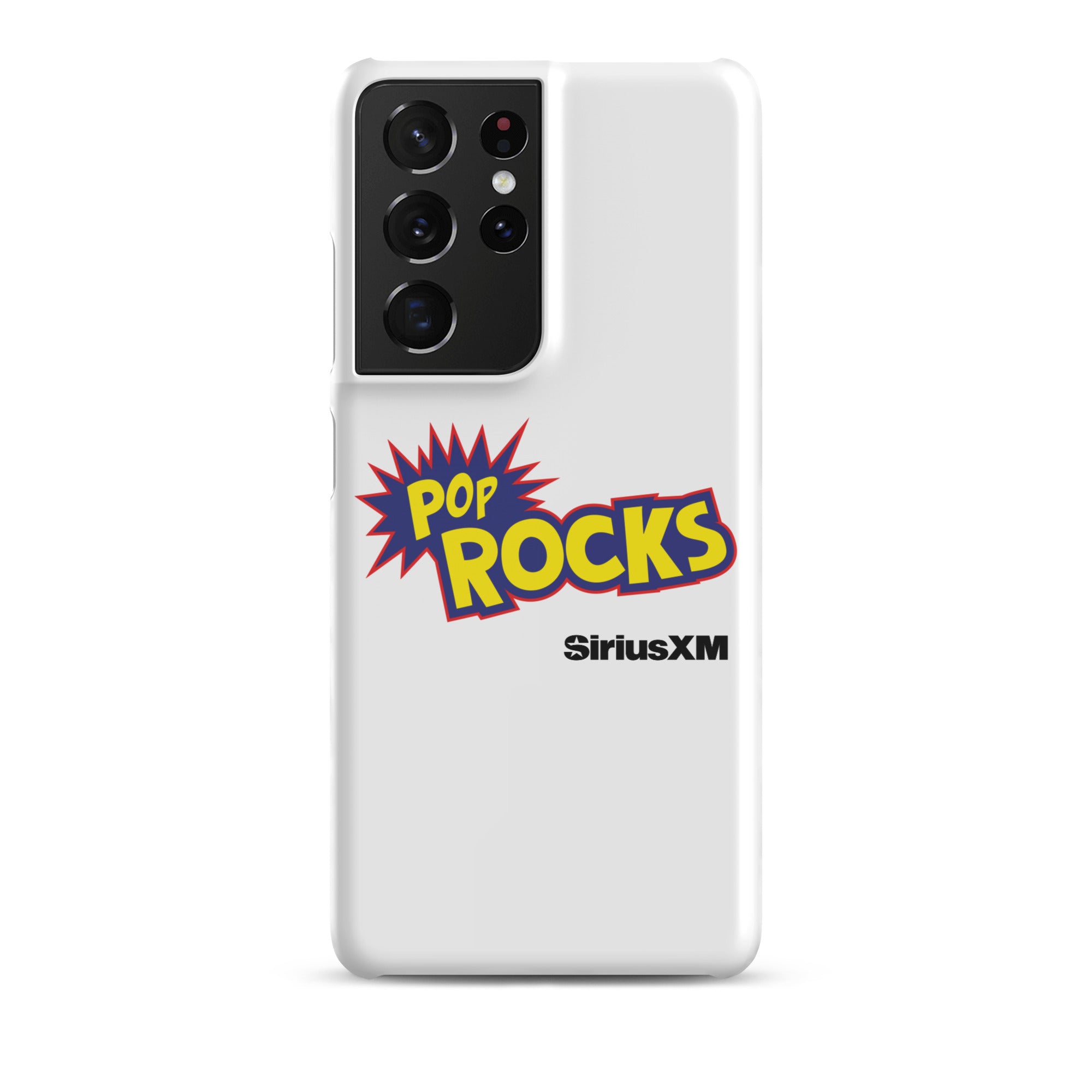 A white phone case featuring 'Pop Rocks' explosion graphic design  'SiriusXM' logo.