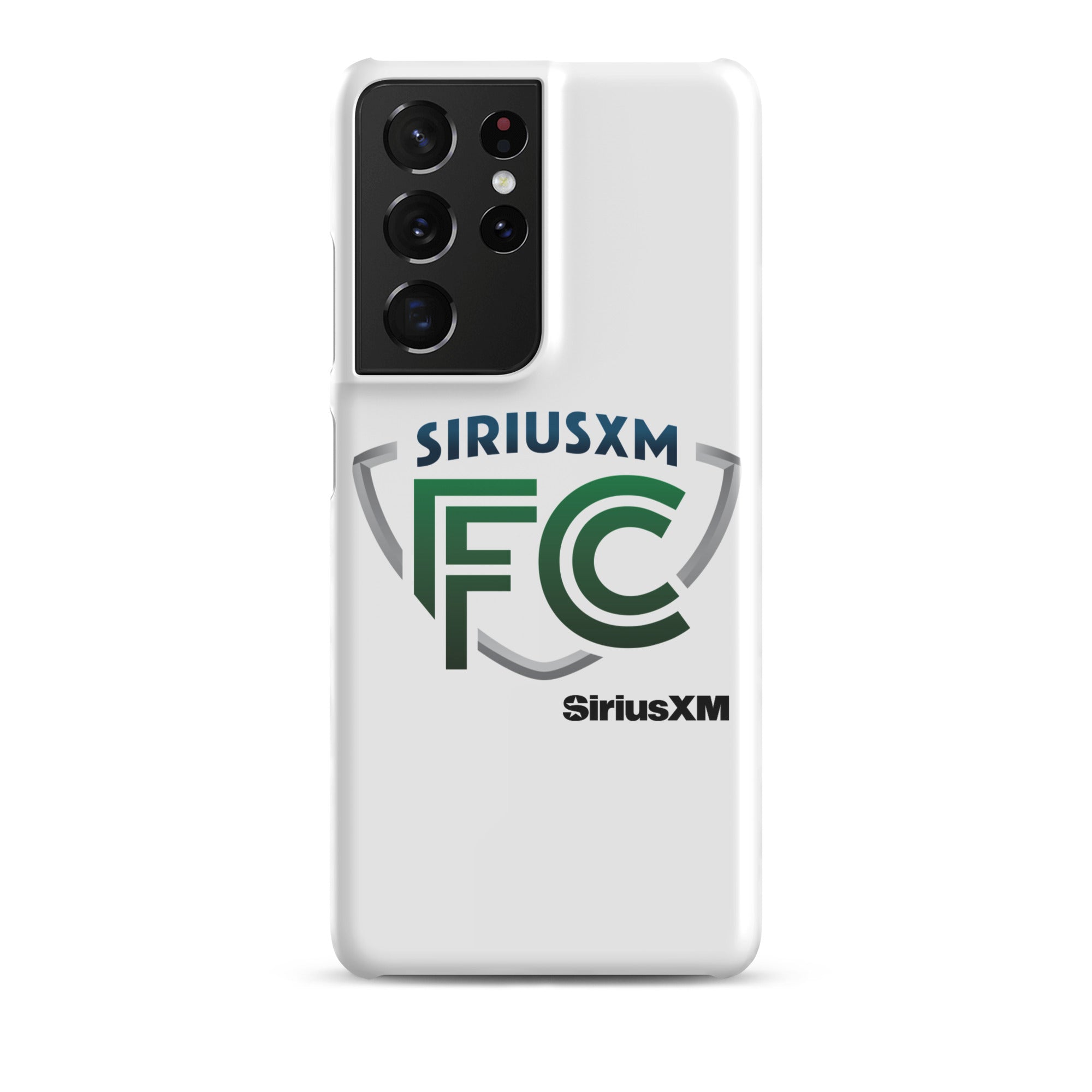 White phone case featuring 'SiriusXM FC' logo in green and blue.