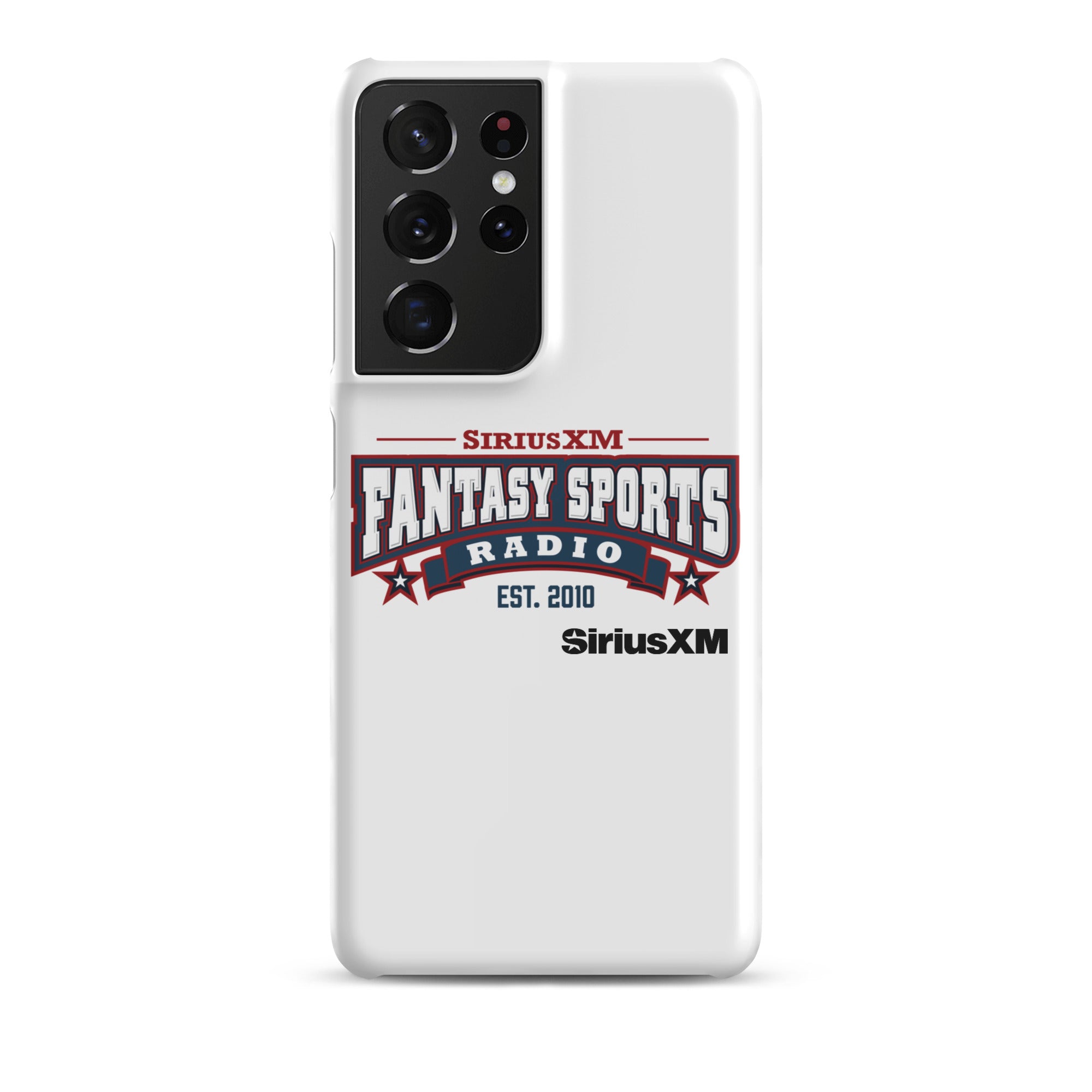 White phone case with 'SiriusXM Fantasy Sports Radio established 2010' logo, featuring red and blue design elements.