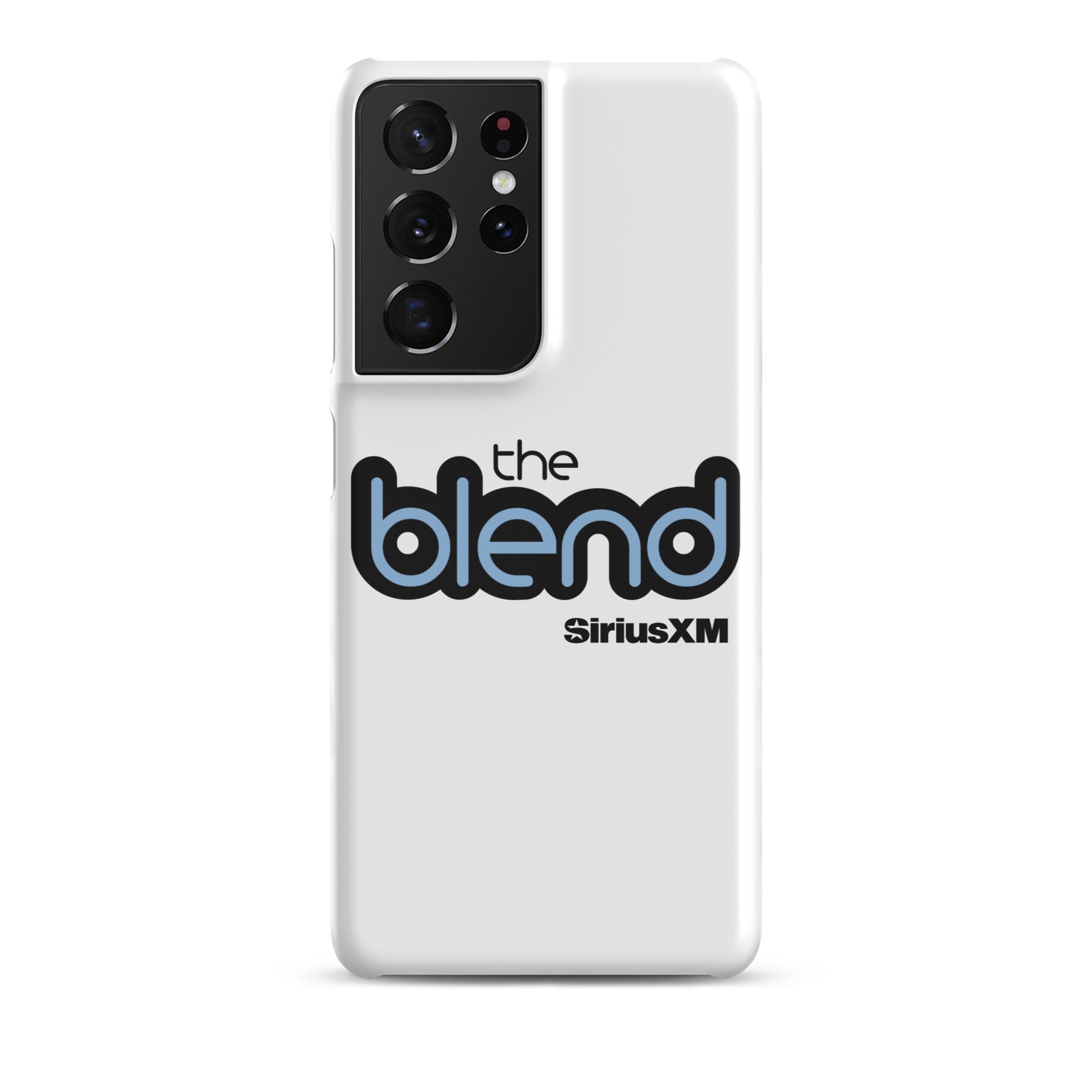 White phone case featuring the logo 'the blend' and 'SiriusXM' in blue and black text.