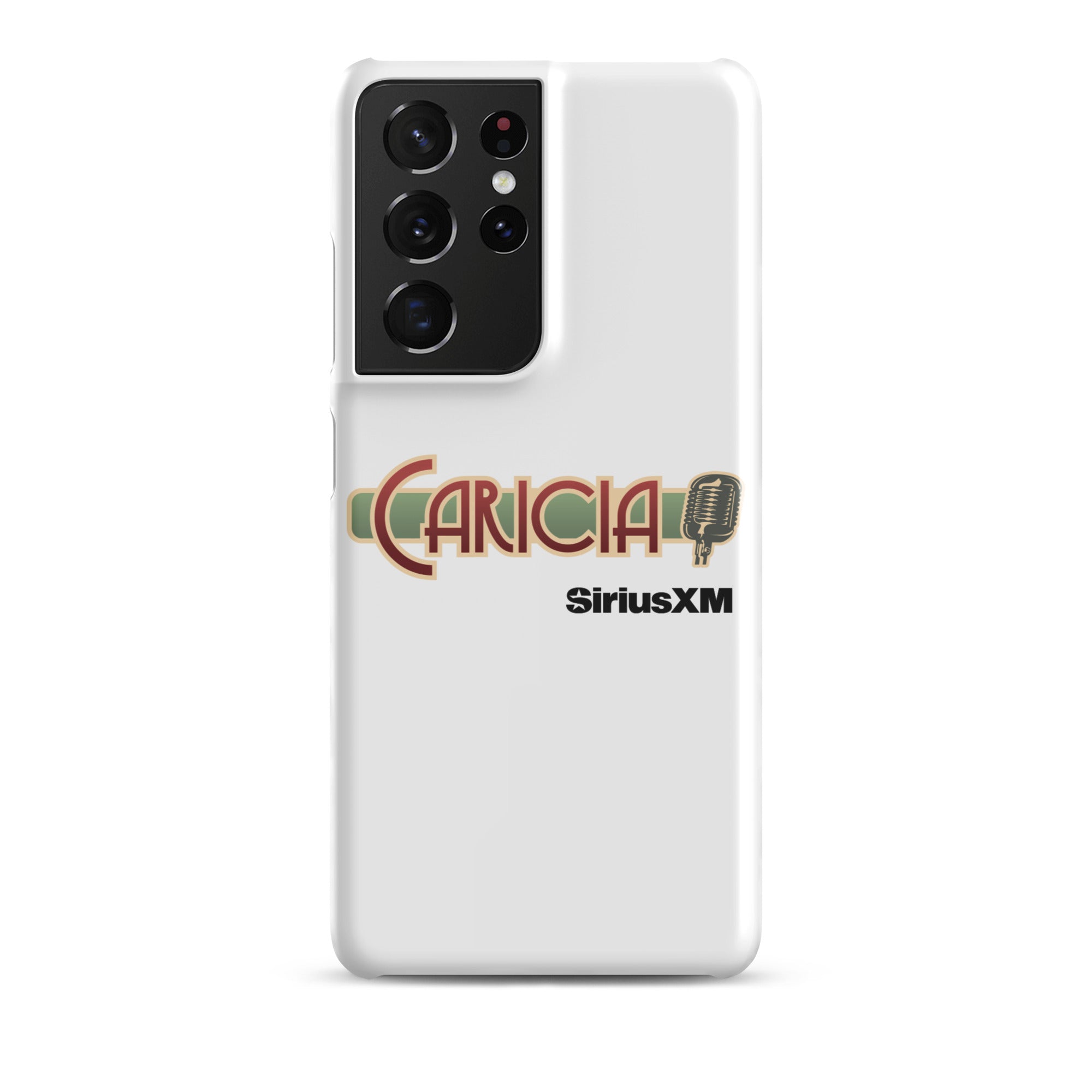 White phone case featuring the text 'CARICIA' and 'SiriusXM' with a microphone graphic.