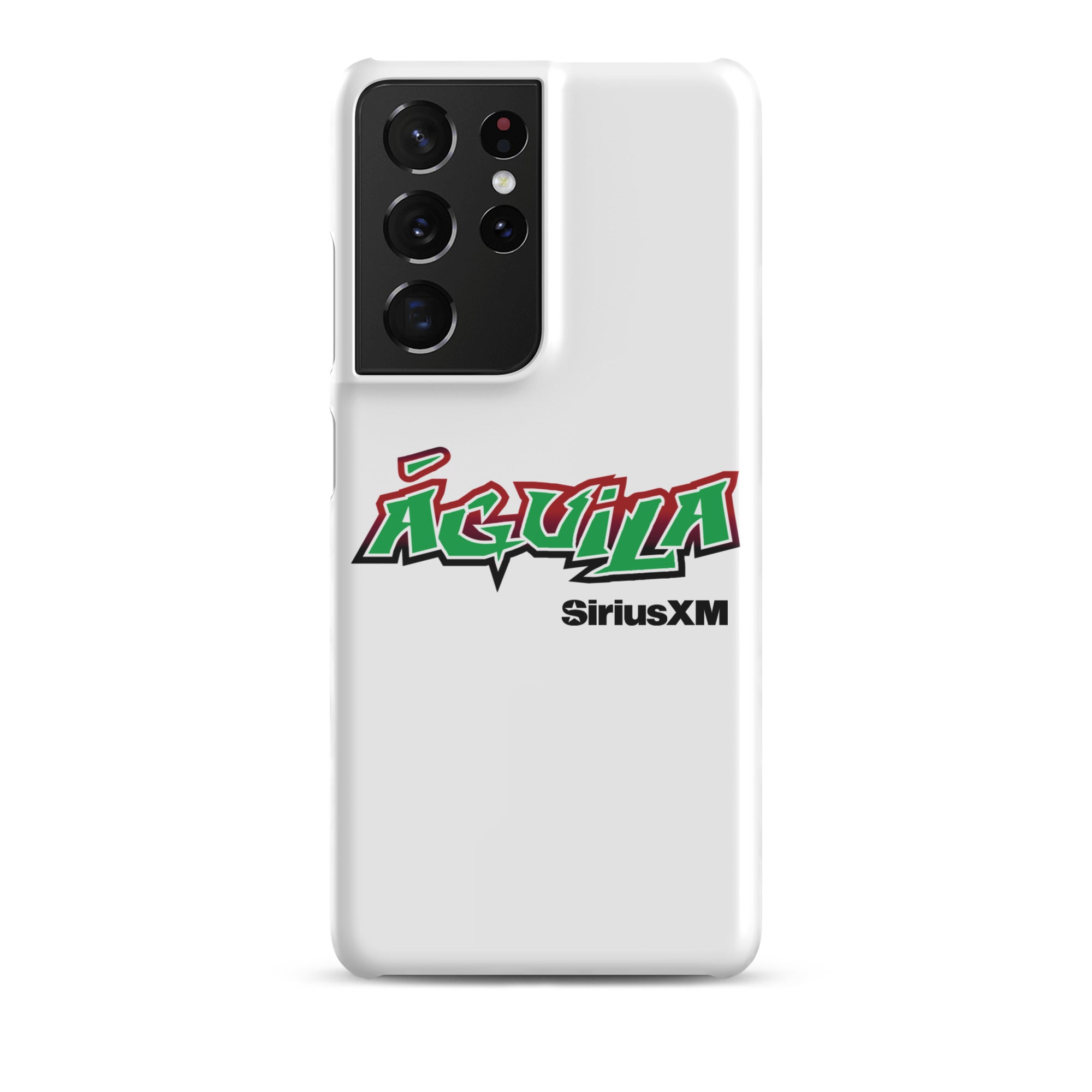 White smartphone case featuring 'Águila' in green and red text with 'SiriusXM' below.