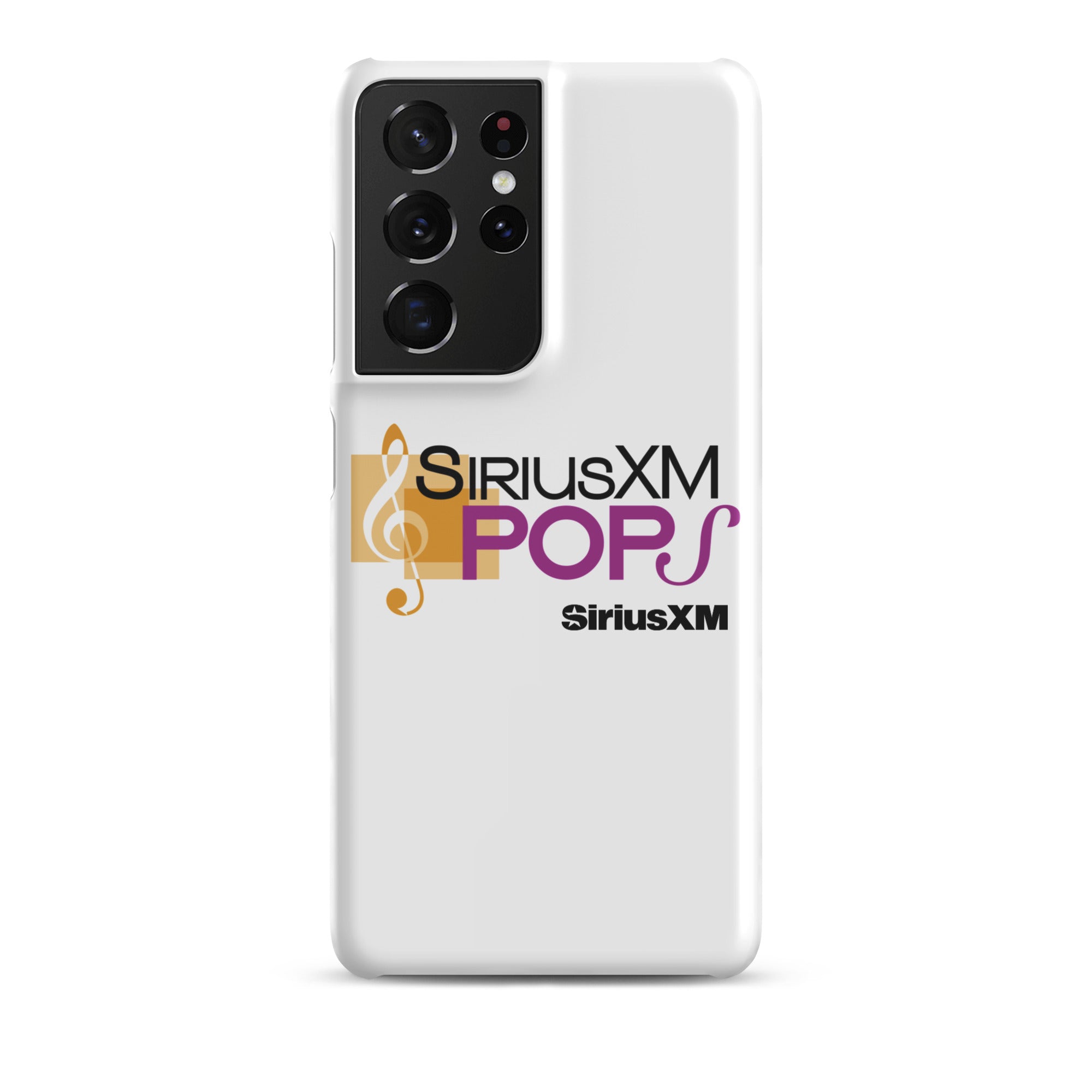 White phone case with 'SiriusXM Pops' logo featuring musical notes and 'SiriusXM' branding.