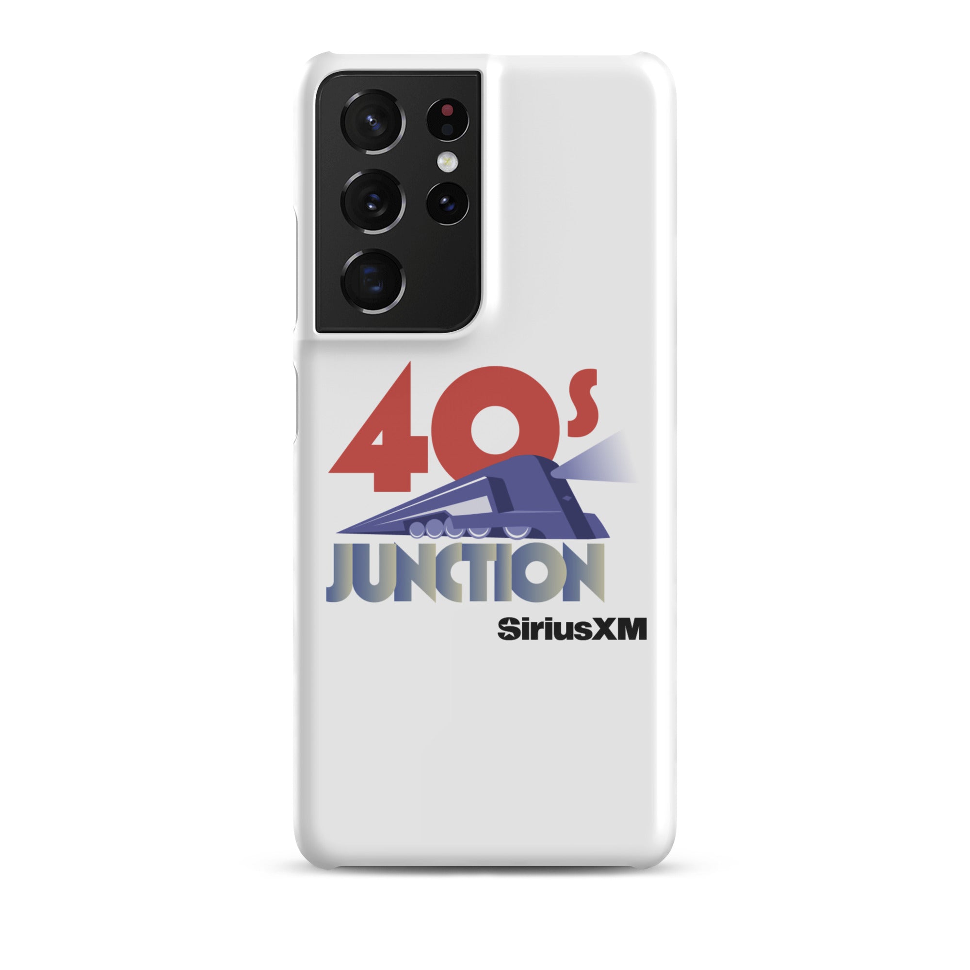 White phone case featuring a design with '40s Junction' and a train graphic, branded with 'SiriusXM.'